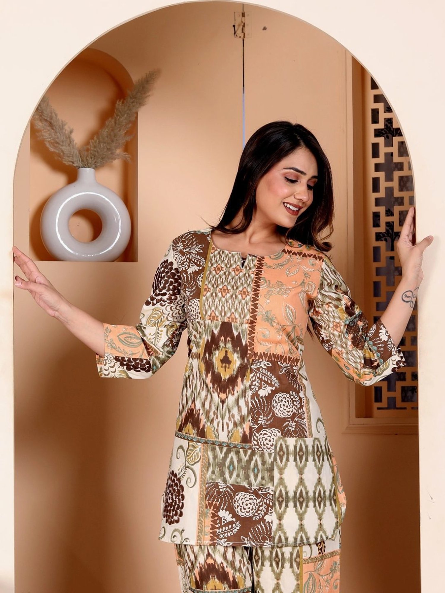 Kaftanize Brown Ikkat Patches Printed Cotton Tunic with Pant