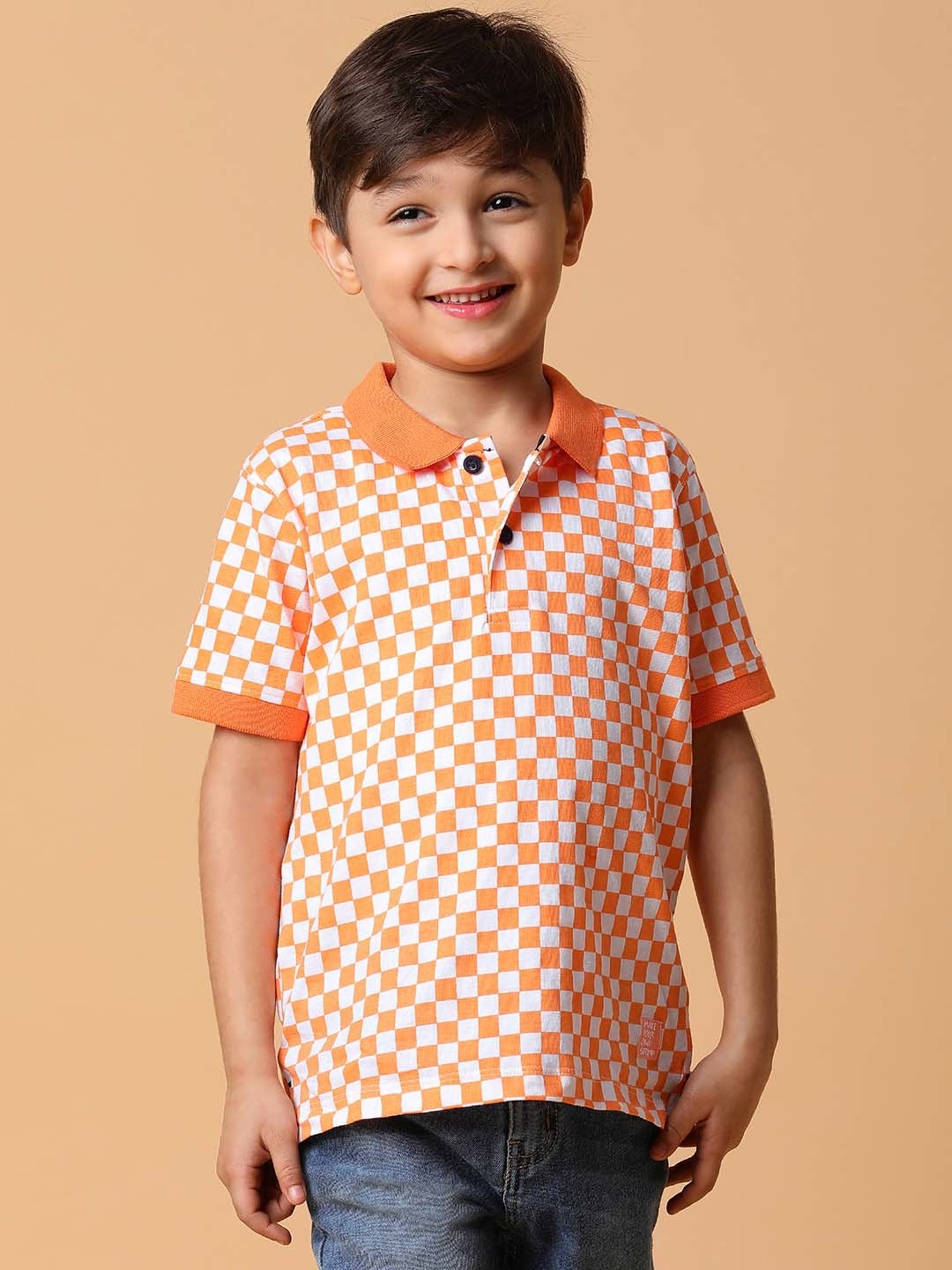 Tales & Stories Kids Orange & White Cotton Chequered Polo T-Shirt