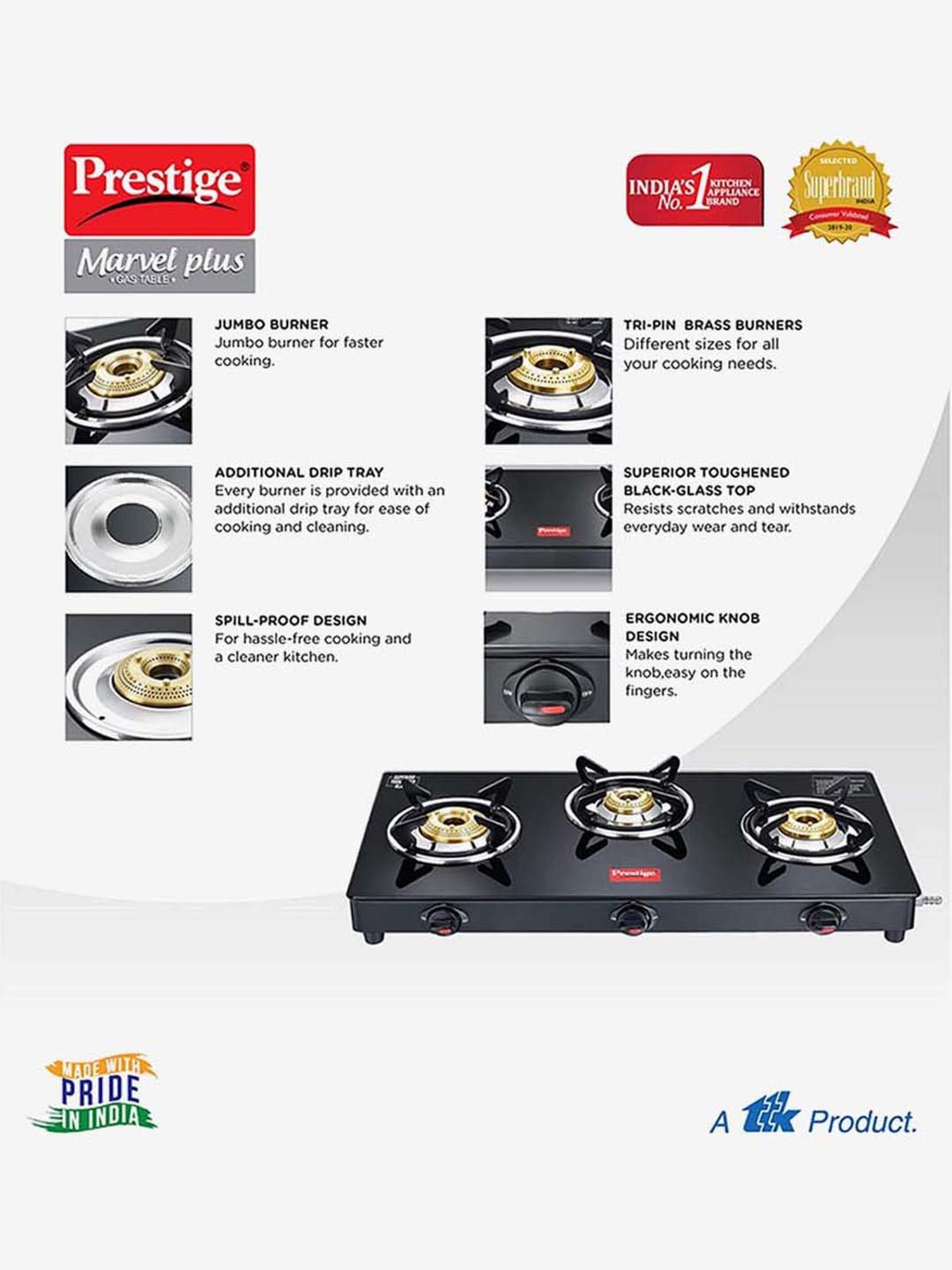 Pigeon Blackline Smart Black Glass Manual Gas Stove (2 Burners)