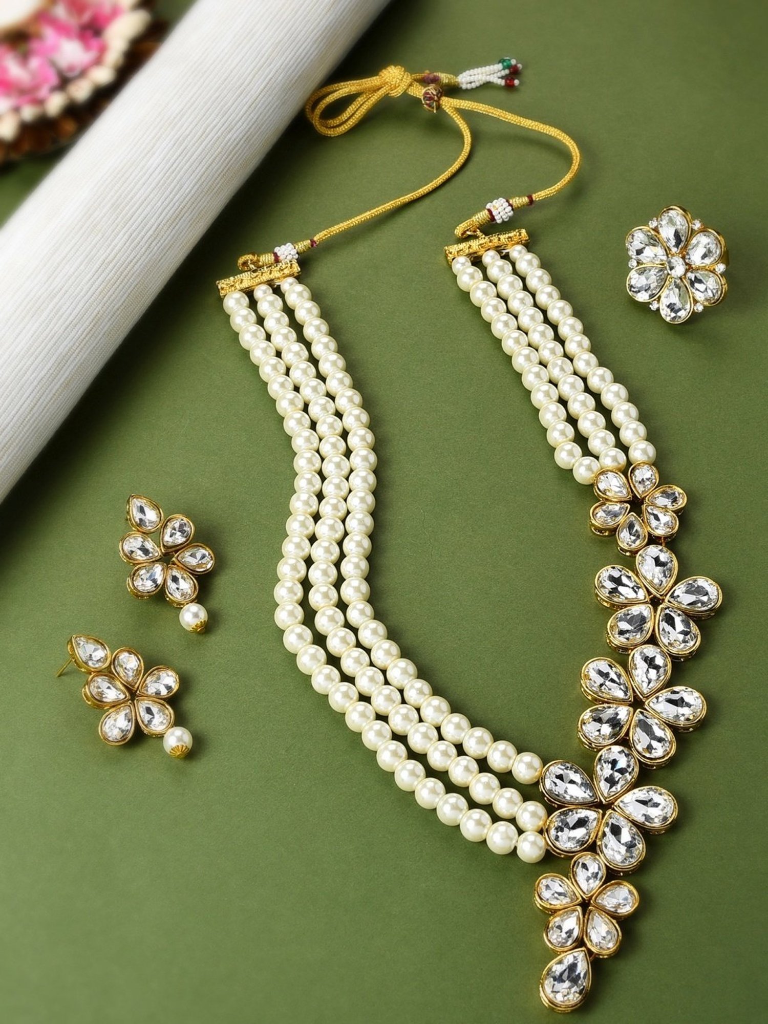Zaveri Pearls Gold Tone Multistrand Pearls Ethnic Necklace Earring & Ring Set-ZPFK10726