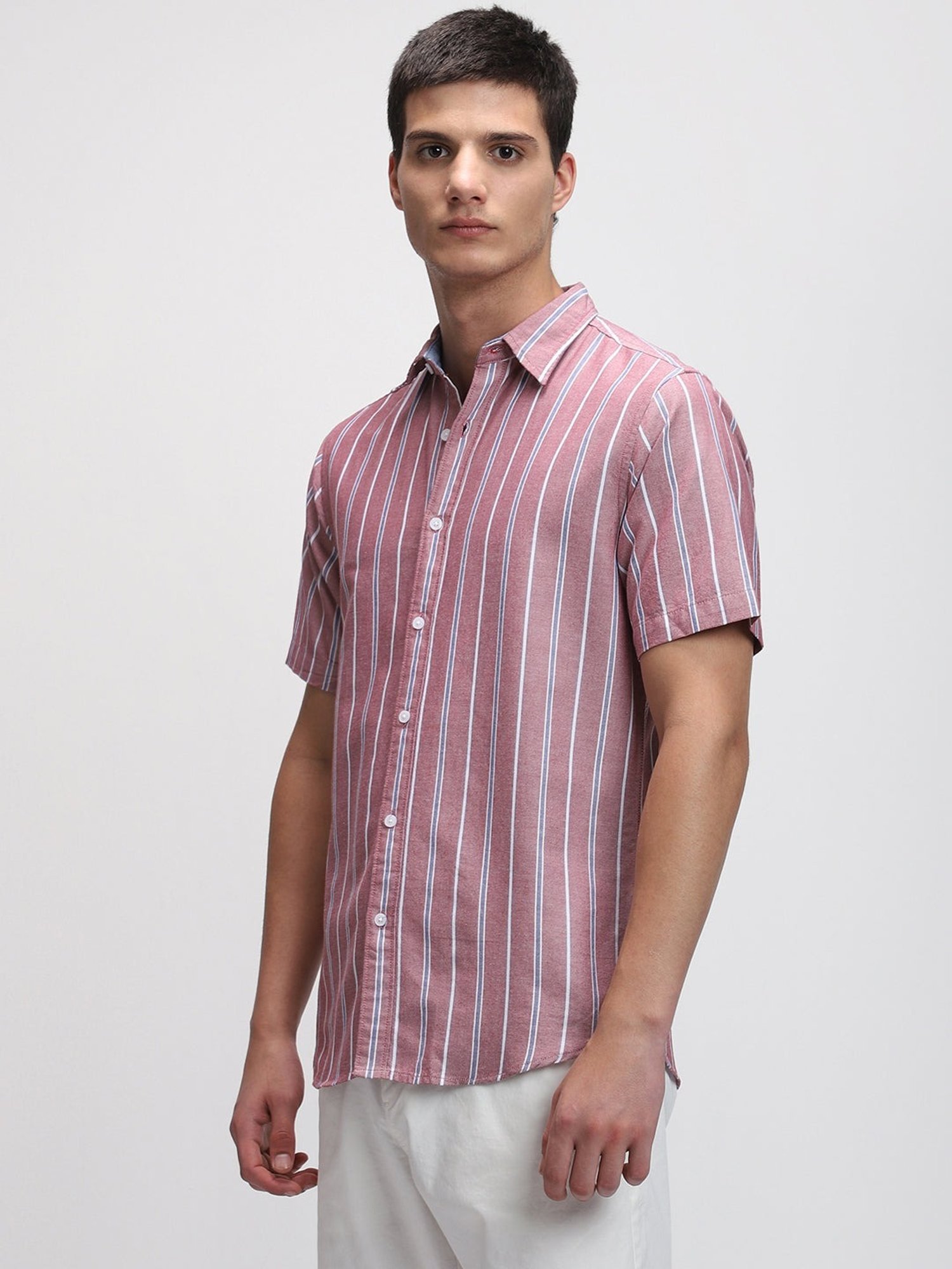 Dennis Lingo Maroon Cotton Slim Fit Striped Shirt