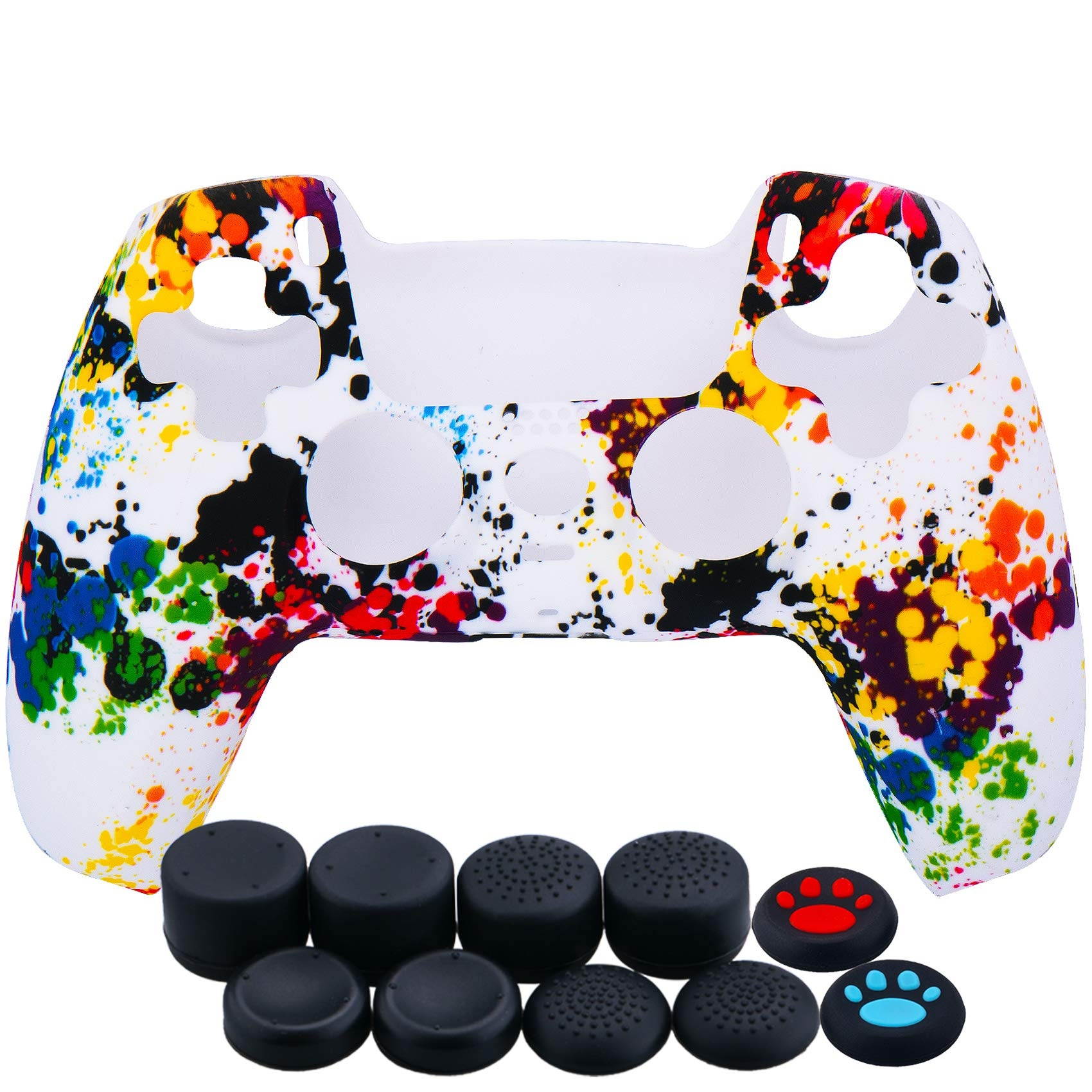 Water Transfer Printing Silicone Thickened Cover Skin Case for Sony PS5 Dualsense Controller x 1(Graffiti) with Thumb Grips x 10