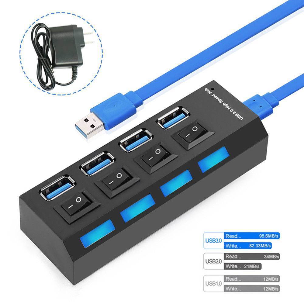 4 Port USB Hub, Portable SuperSpeed USB 3.0 Hub, Individual On/Off Switches LED, USB Extension Multi-function USB Dock Hot Swapping Support, Come with US AC Power Plug
