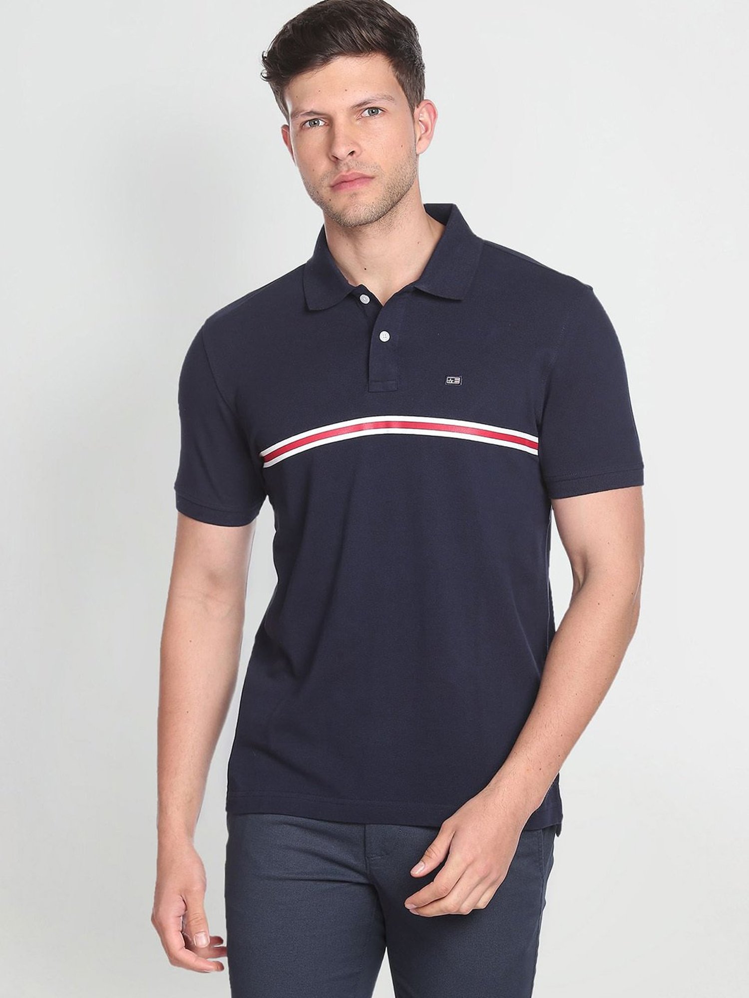 Arrow Sport Navy Blue Cotton Regular Fit Striped Polo T-Shirt