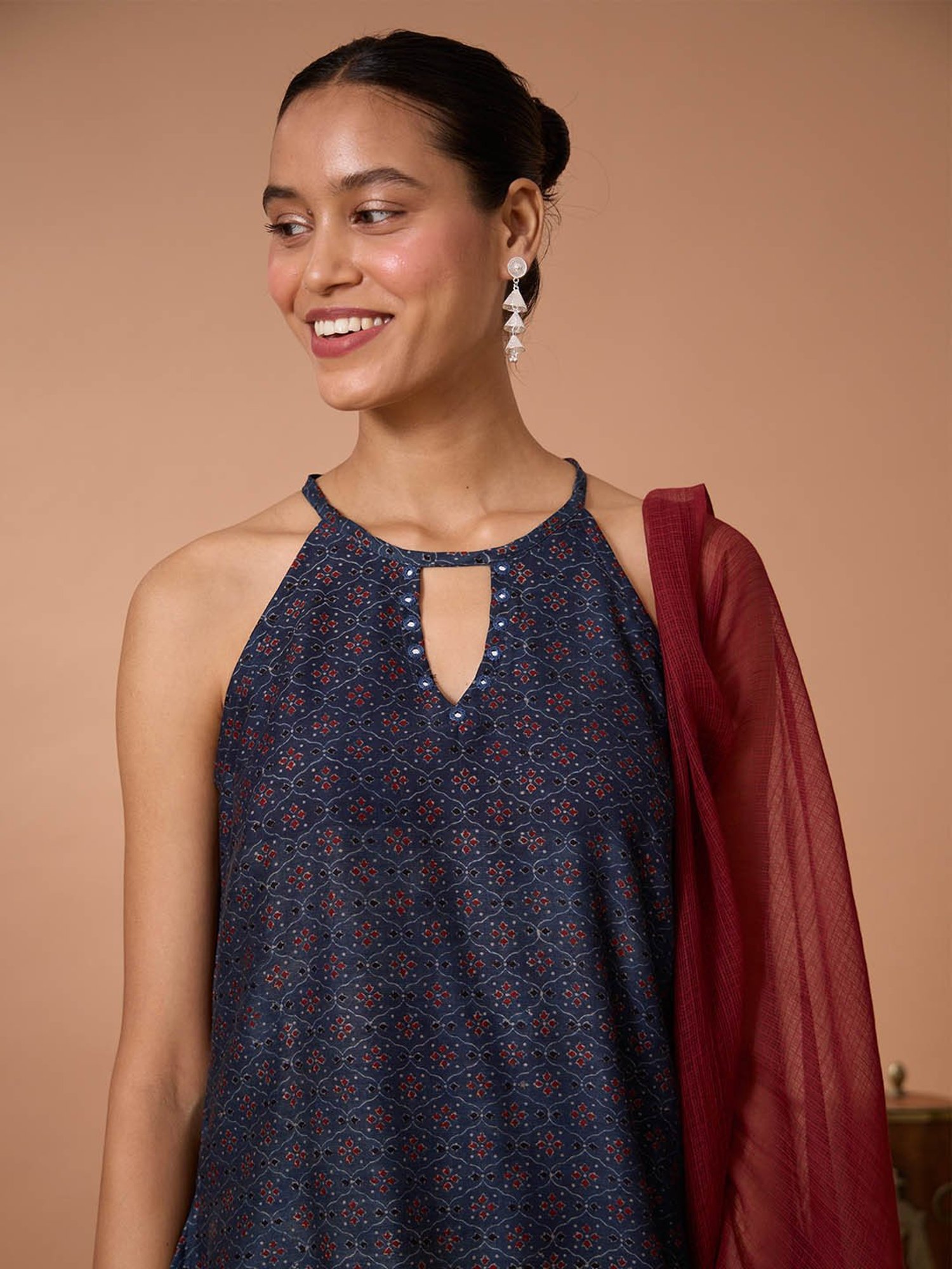 Okhai Blue & Maroon Printed Kurta With Pant & Dupatta