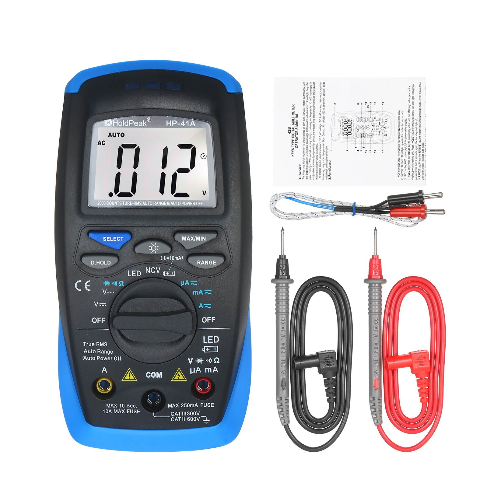 Holdpeak Digital Multimeter TRMS 2000 Counts LCD Auto Ranging AC/DC Amp Volt Ohm Diode Continuity Voltmeter with NCV Live Line Battery Level Tester  with LED Indicator Auto Power Off