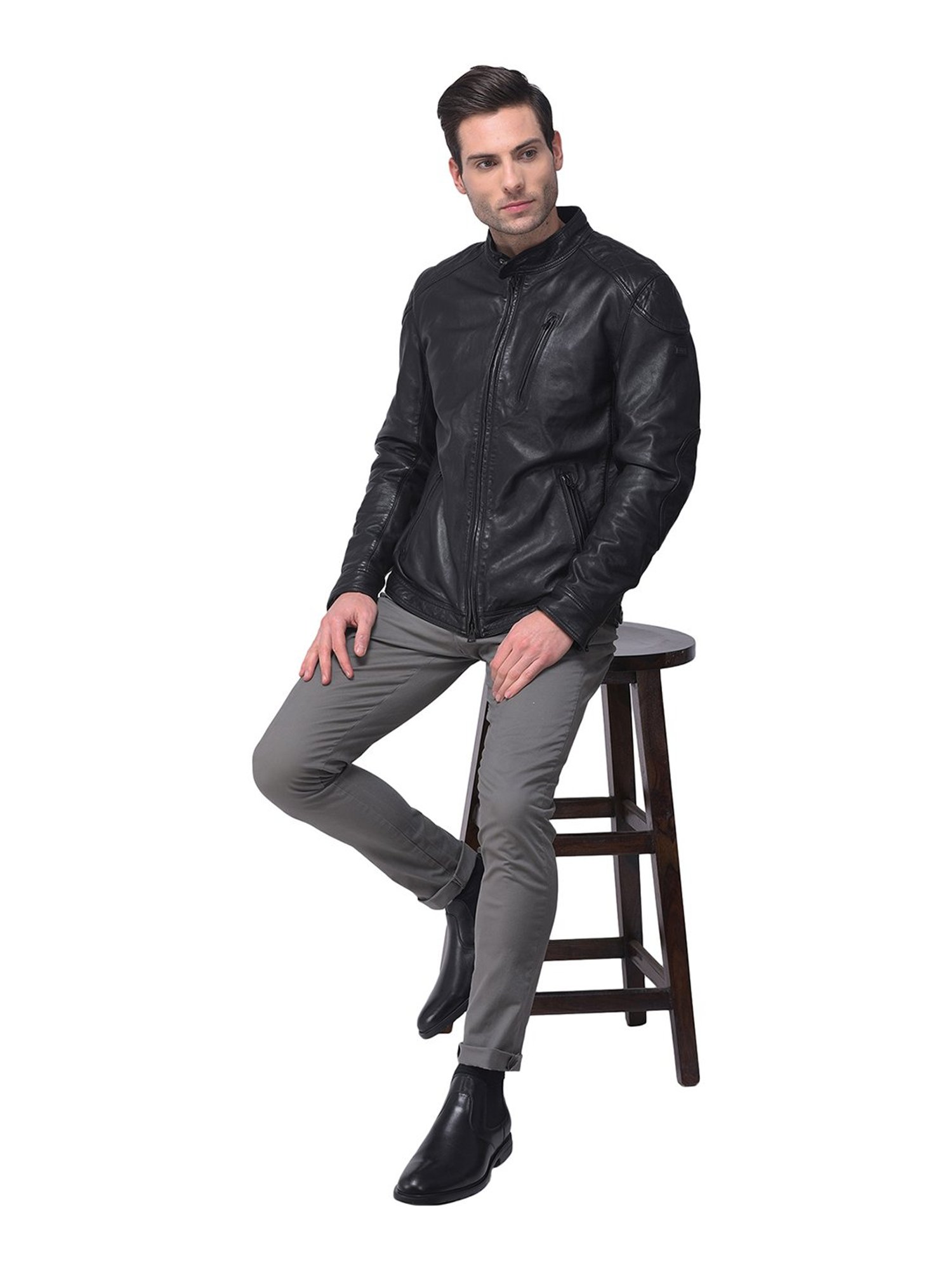Woods Black Mandarin Collar Leather Jacket