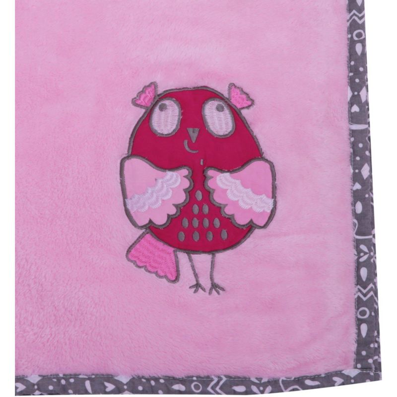 Bacati - Owls Pink with Grey Border Embroidered Baby Plush Blanket