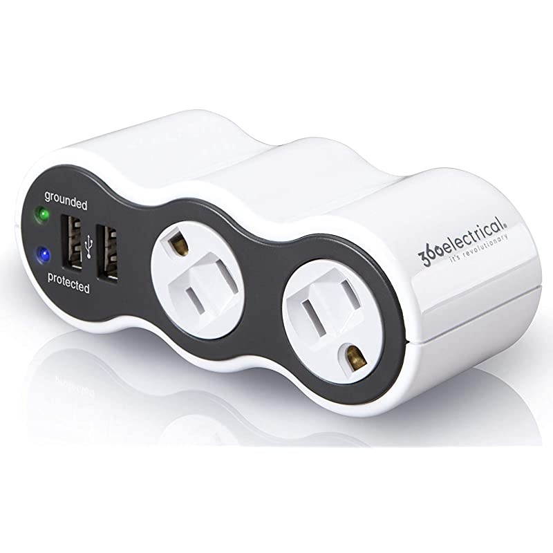 Electrical 532CA6ESR2 Mini Surge Protector 2Outlet + 2USB White and Gray 12