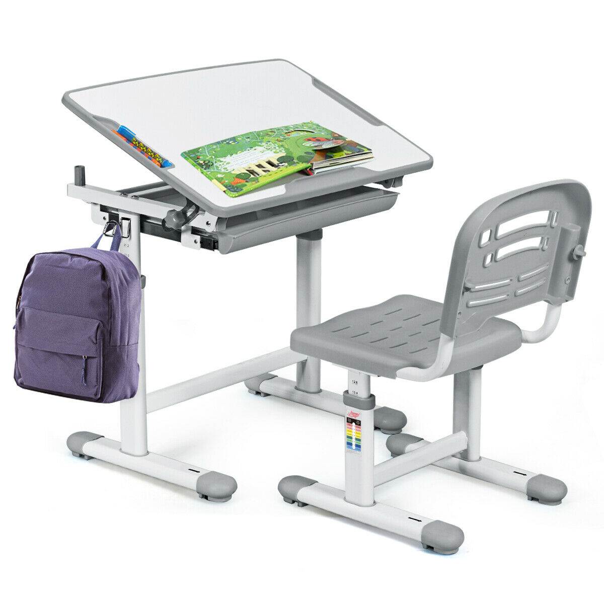 Height Adjustable Children&rsquo;s Desk Chair Set Multifunctional Study Drawing Gray