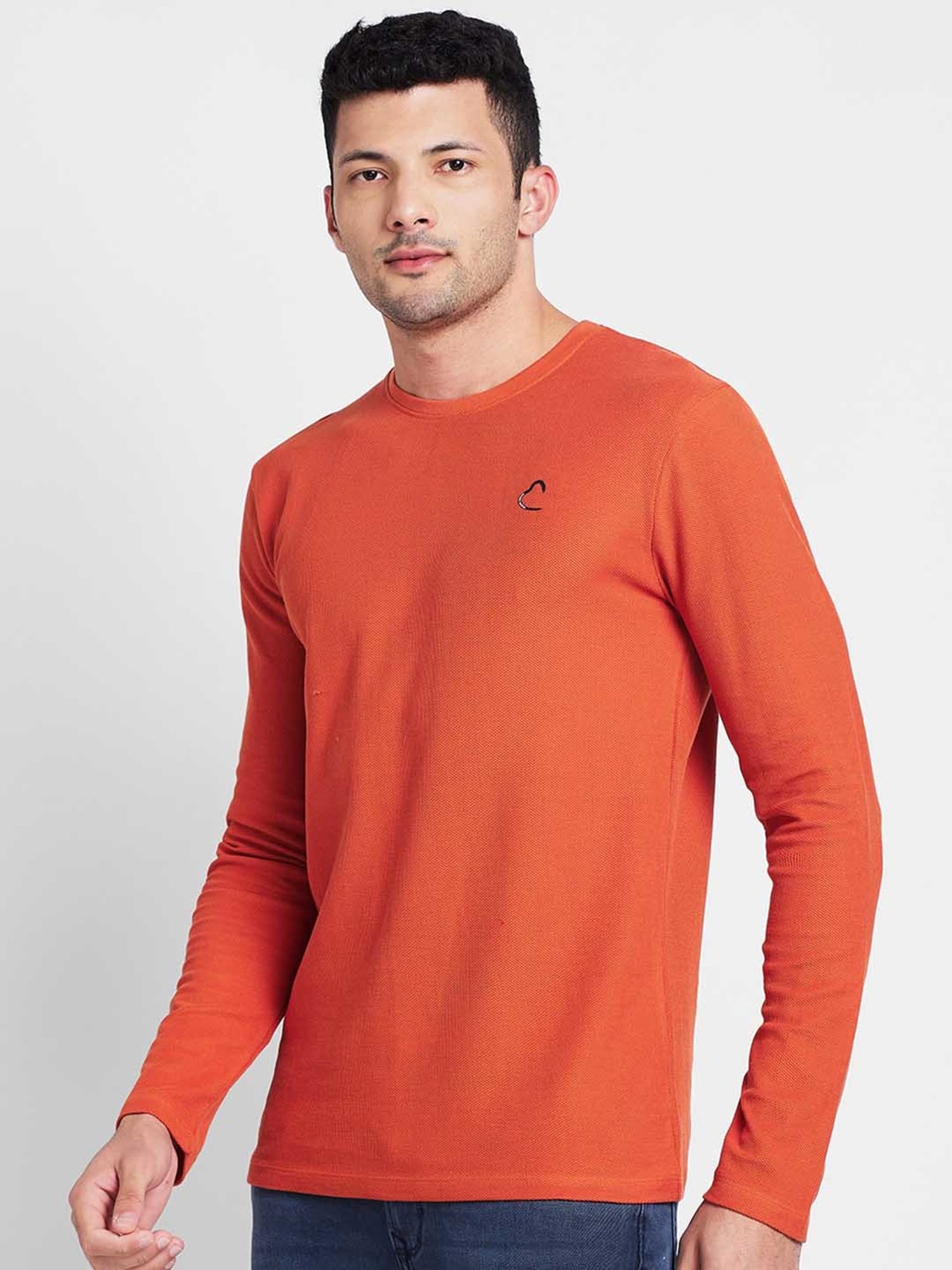 Being Human Orange Regular Fit Textured Crew T-Shirt