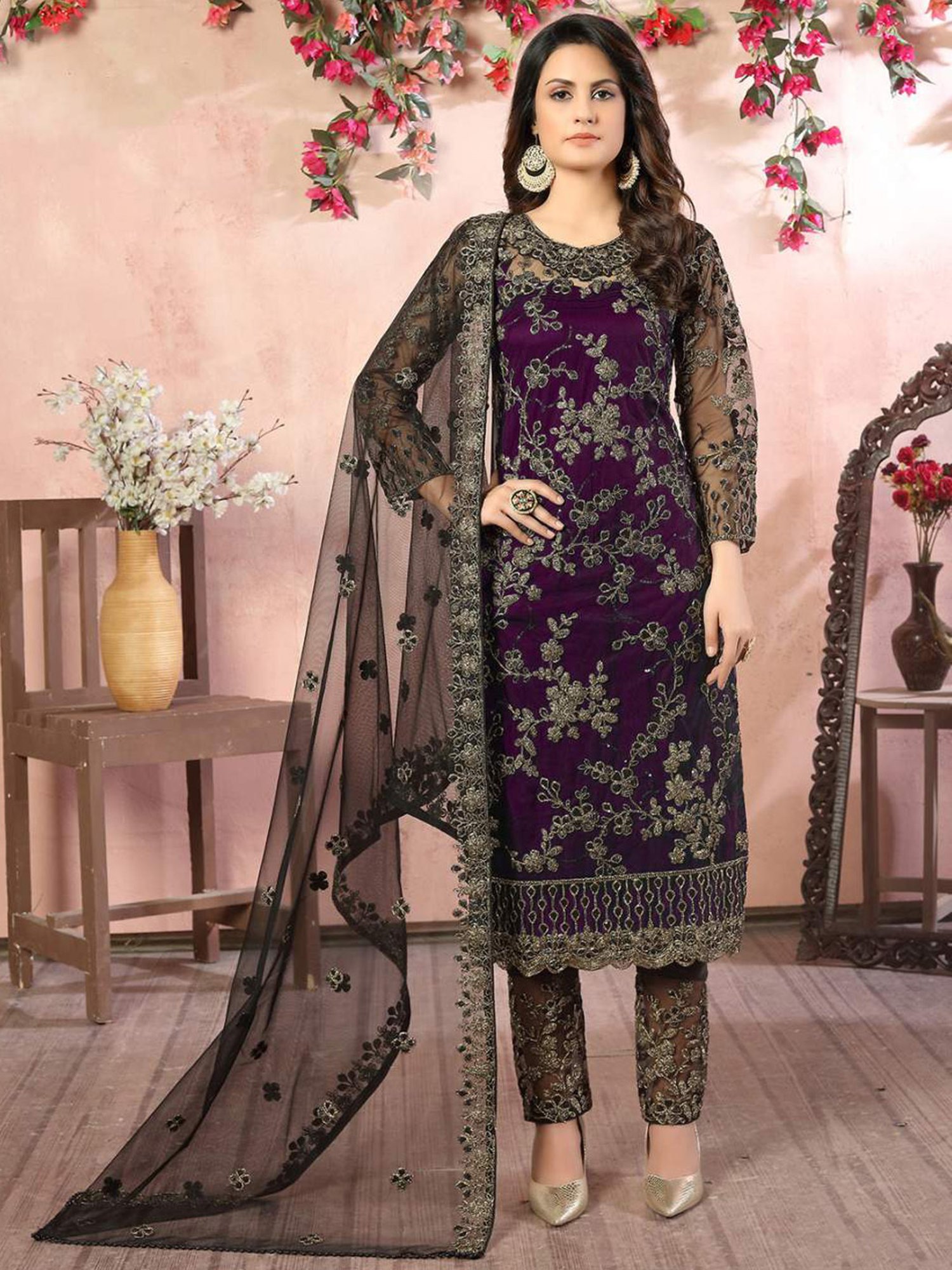 Odette Purple Embroidered Unstitched Dress Material