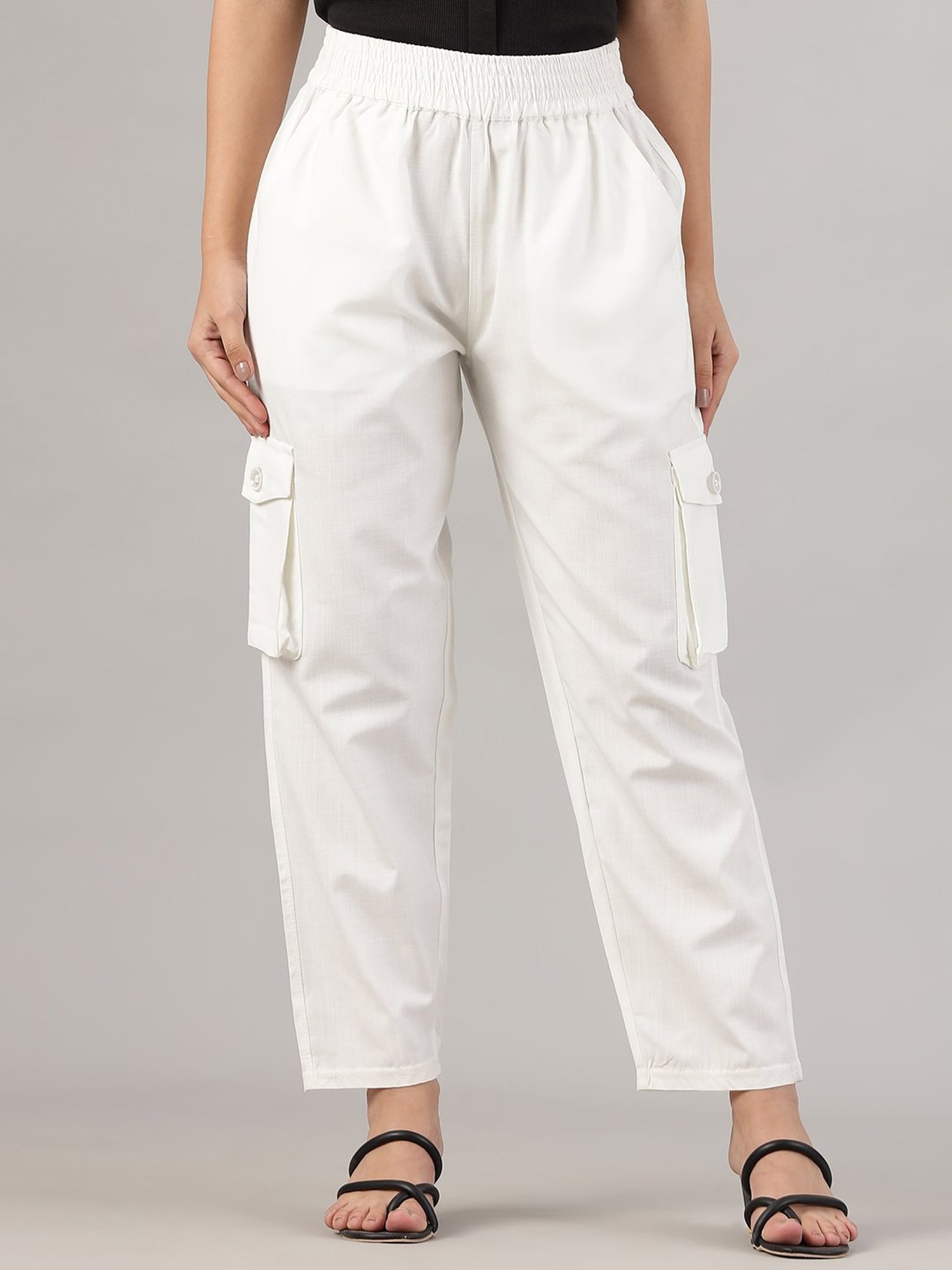 FITHUB White Regular Fit High Rise Cargo Pants