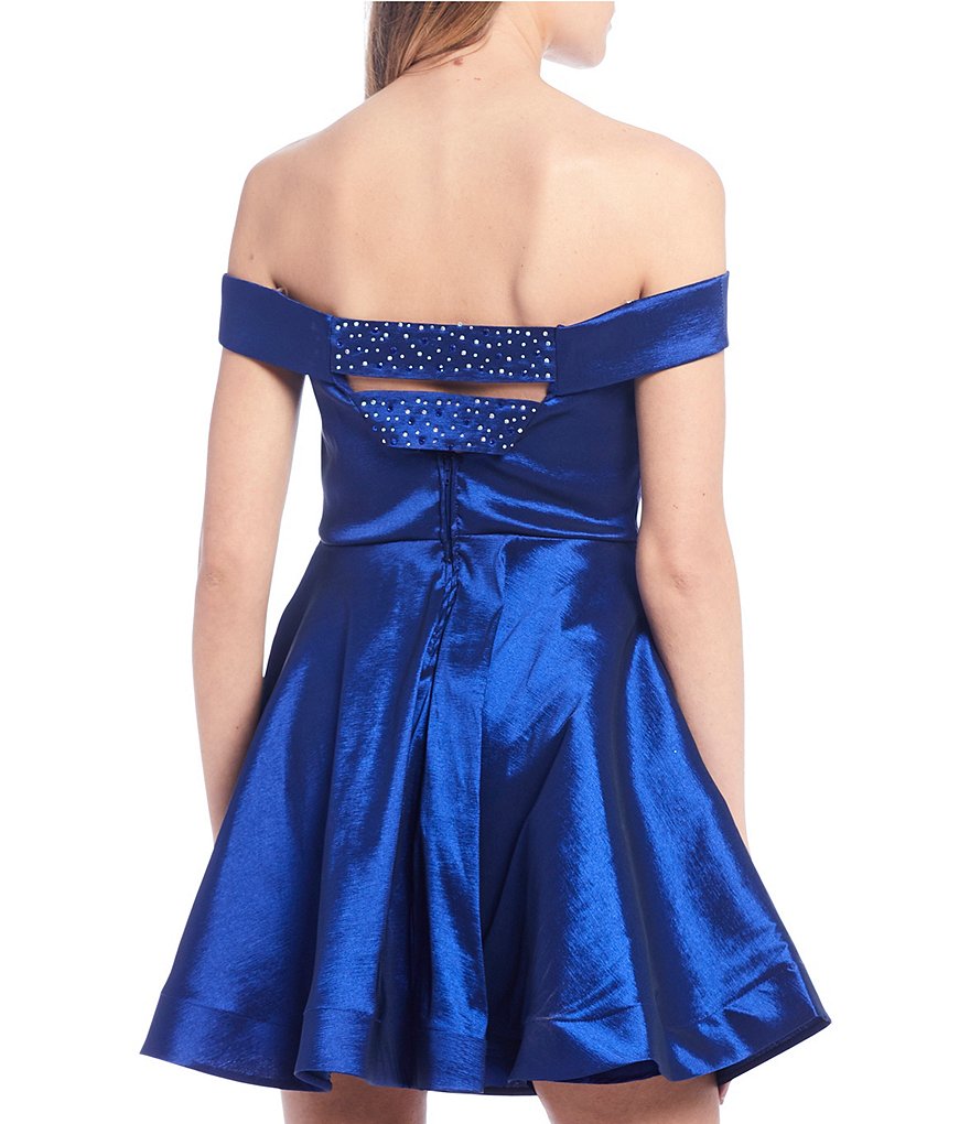Midnight Doll Off-the-Shoulder Taffeta Rhinestone-Trim Fit-&-Flare Dress