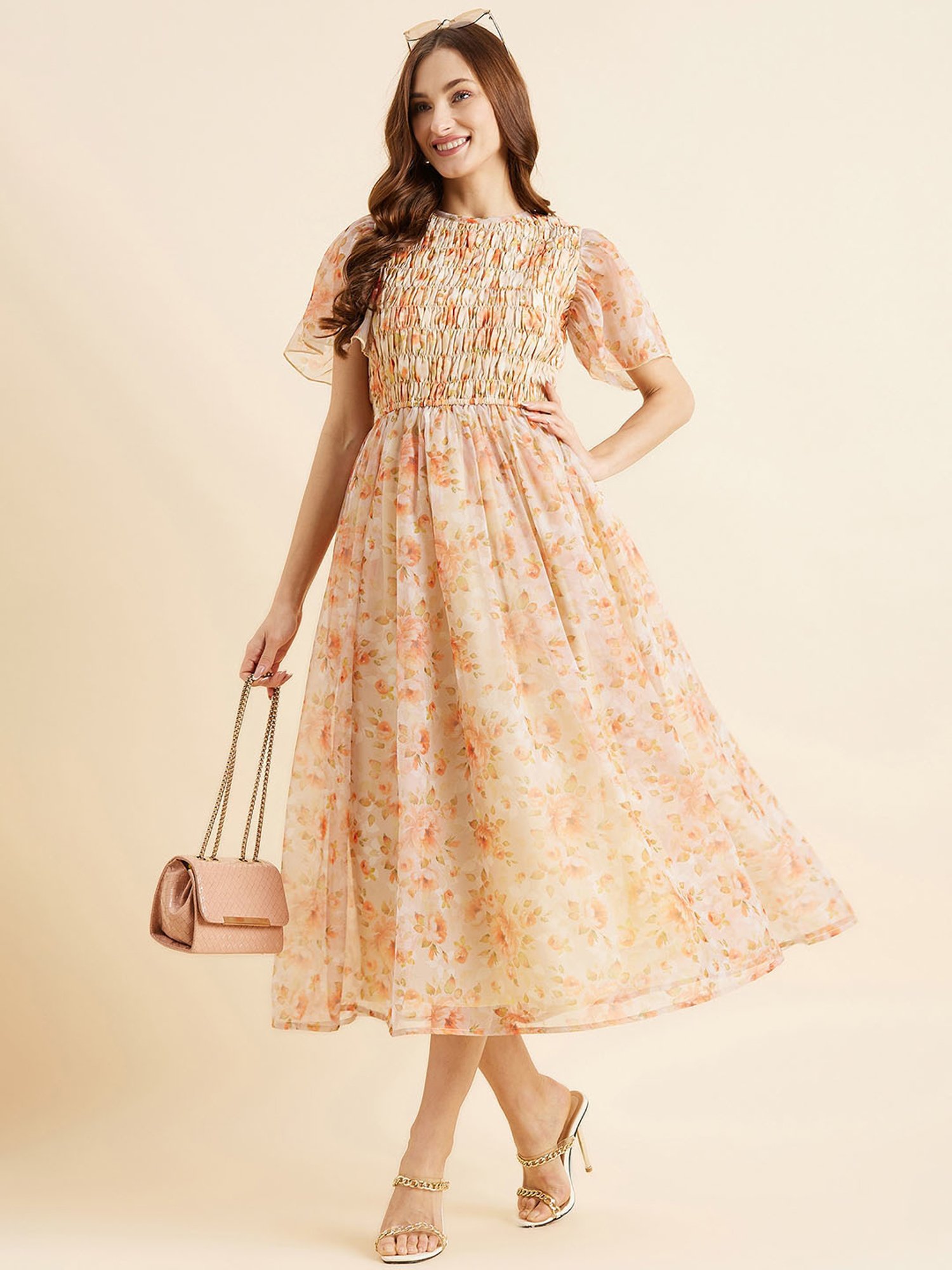 PANIT Peach Floral Print Ethnic Dress