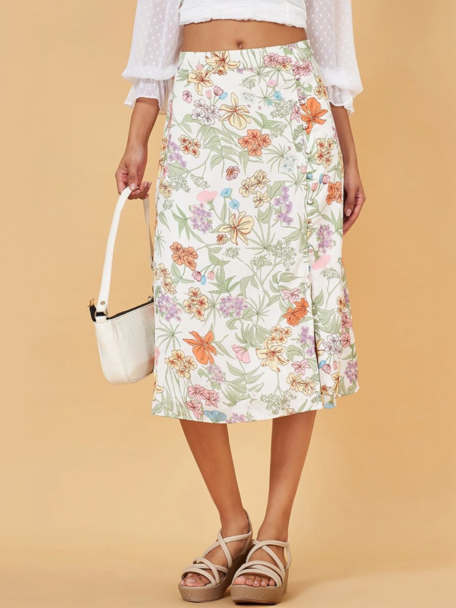 Honey by Pantaloons White Floral Print A-Line Skirt