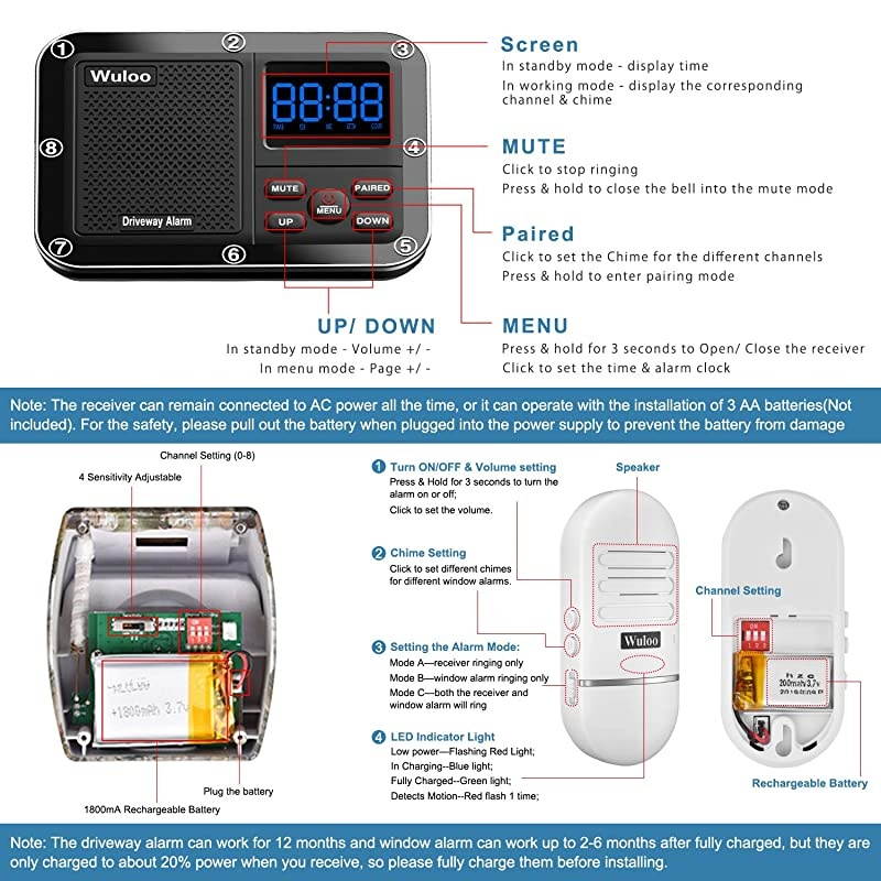 Window Alarm for Home Driveway Alarm Alert Multifunctional 4 Piece Wireless Home Security System Rechargeable BatteryWeatherproofMute ModeClock and Alarm