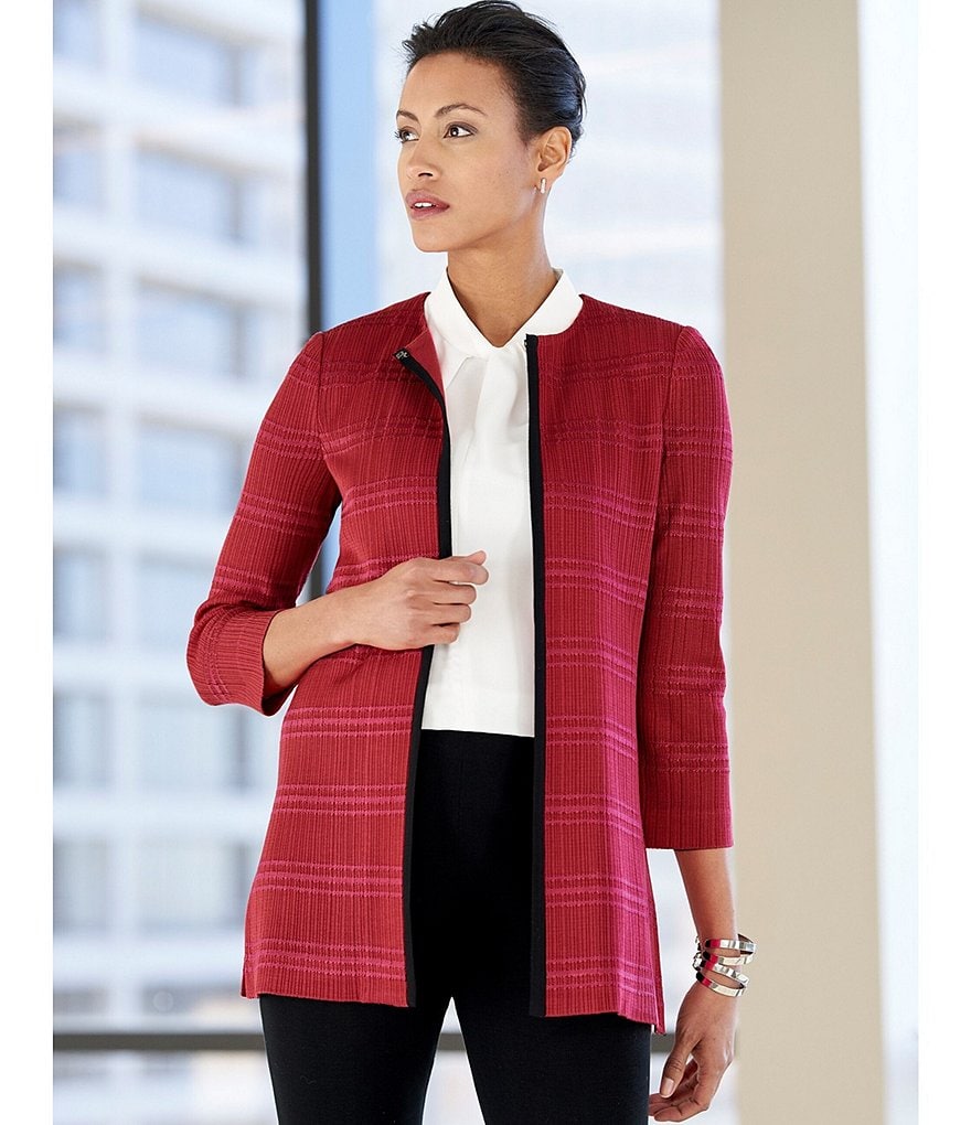 Ming Wang Bracelet Sleeve Tonal Stripe Crew Neck Jacket