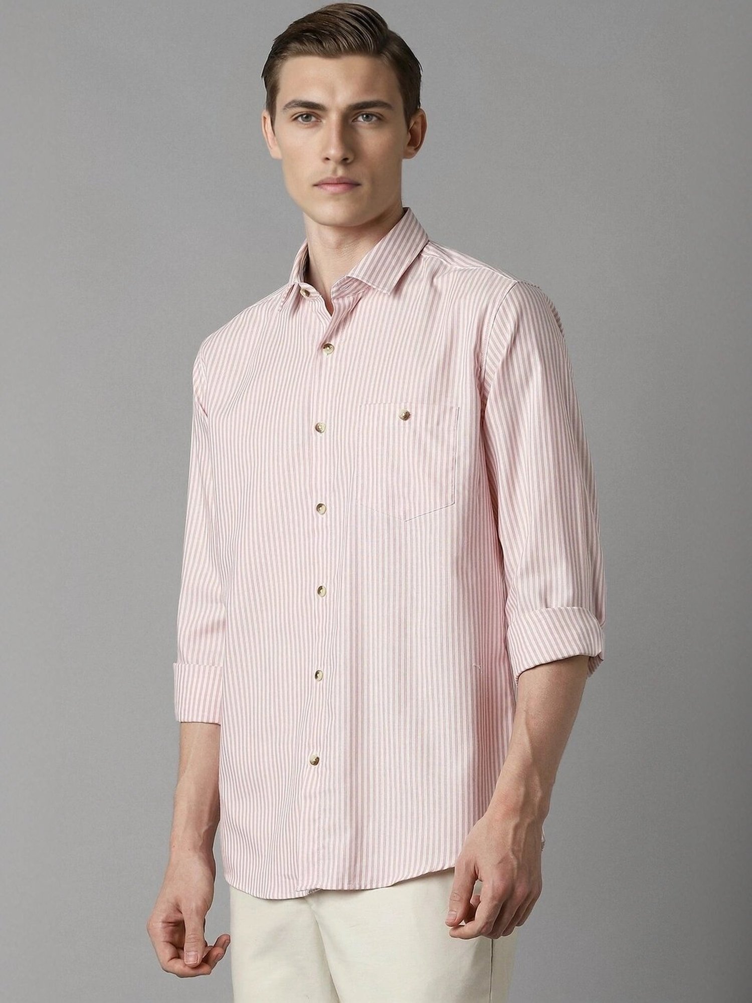 Louis Philippe Pink Cotton Slim Fit Striped Shirt