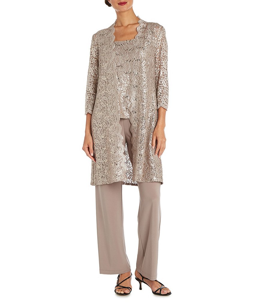 R & M Richards 3-Piece Sequin Glitter Scallop Lace Duster Pant Set