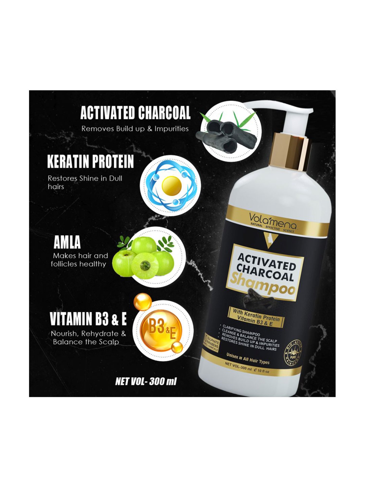 Volamena Activated Charcoal Shampoo - 300 ml