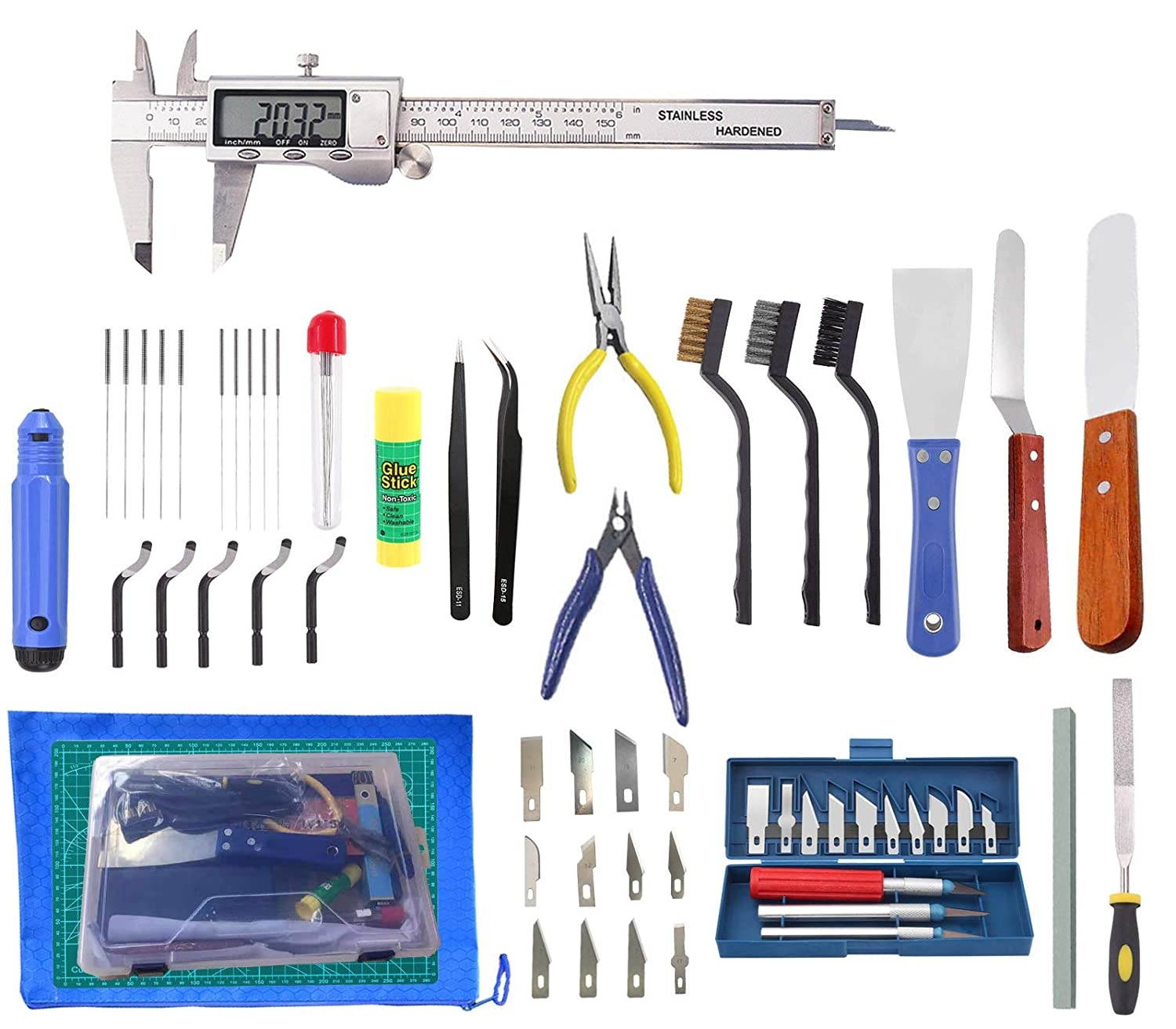 Daszui 3D Print Tool Kit Includes Debur Tool3D Print Tweezers Pliers Scarper Clean up Knives Carving Knife Come with Storage Case for Printing Removing