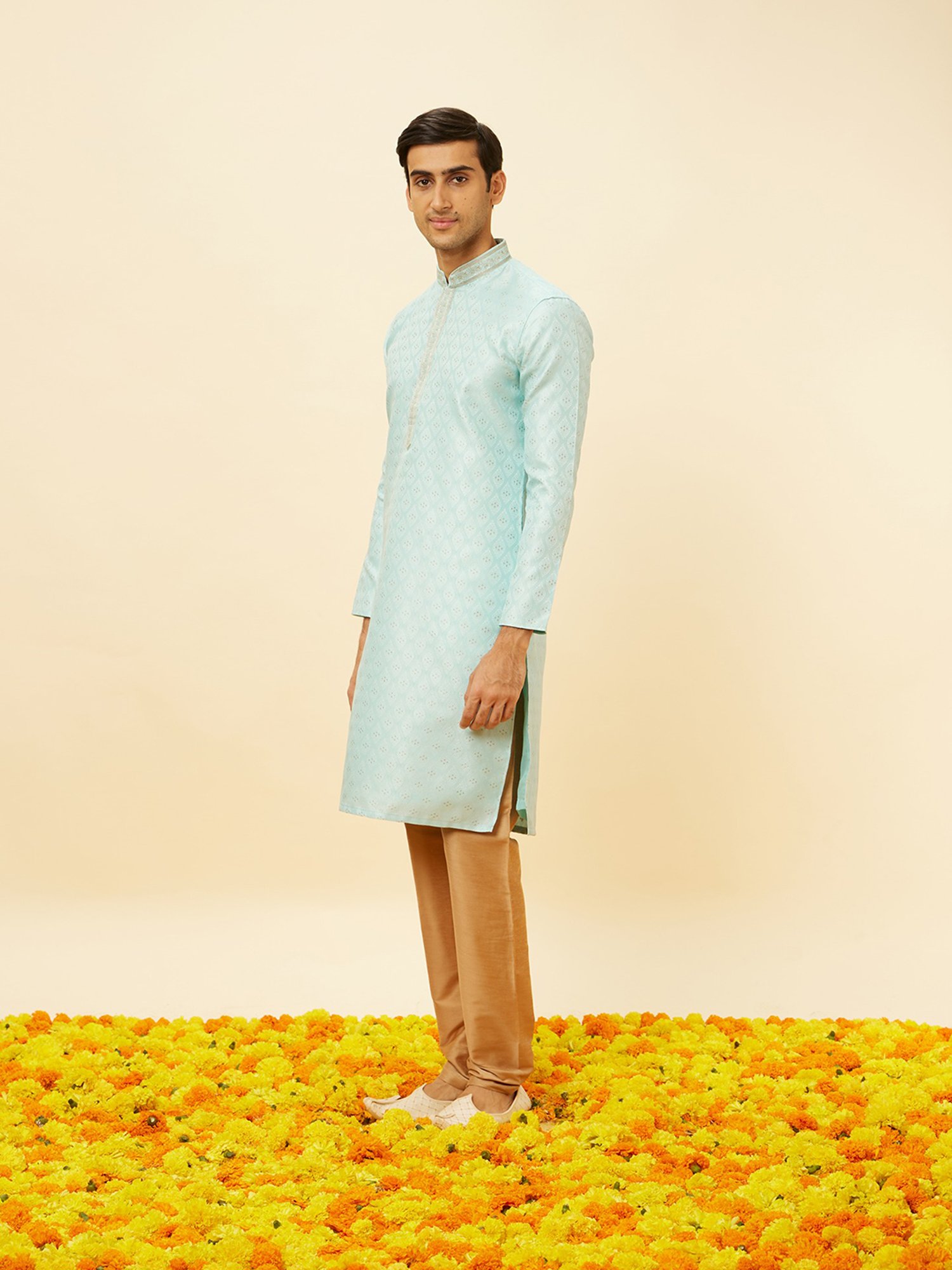 Manyavar Blue & Gold Regular Fit Self Design Kurta & Churidar Set