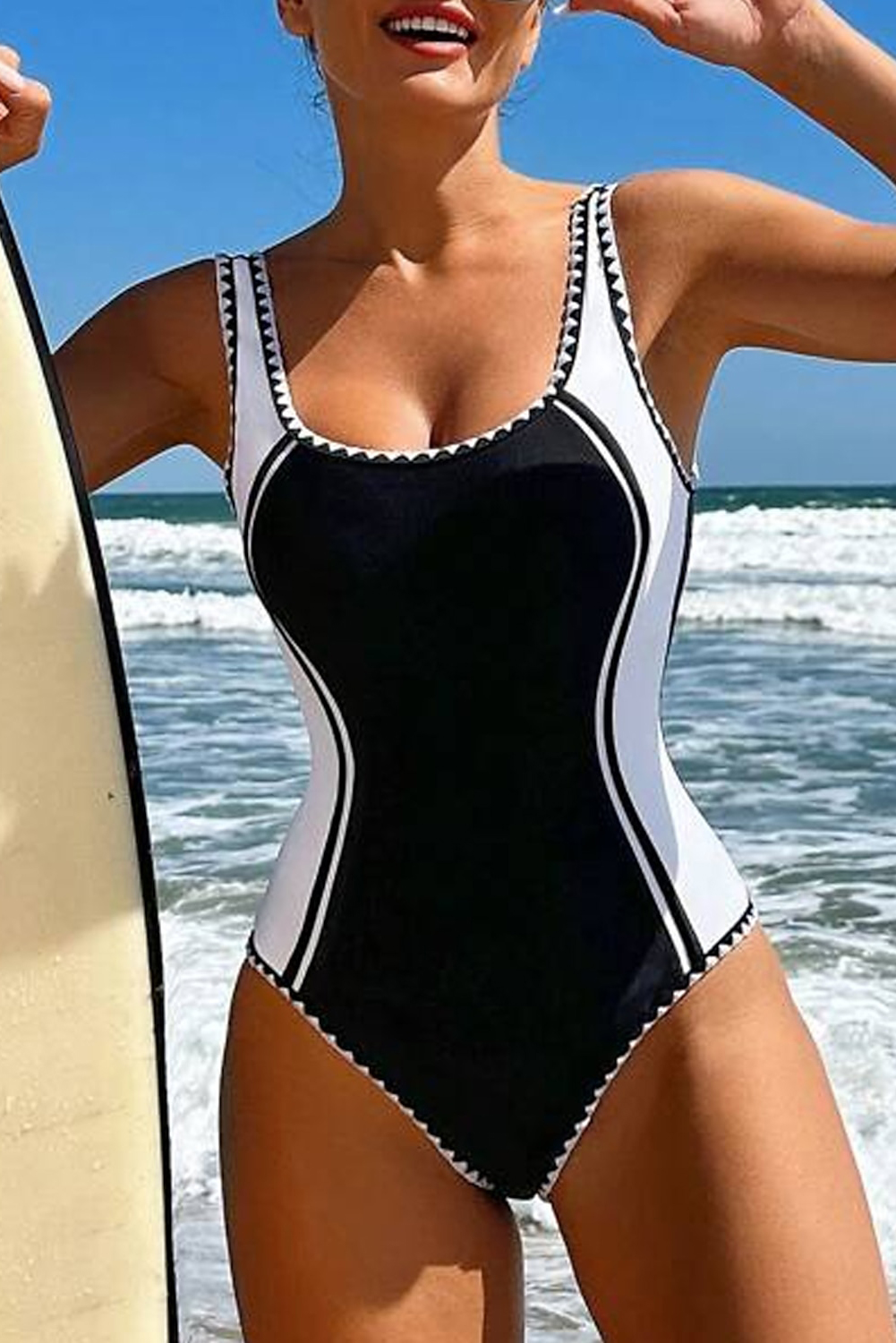 Black Plant Print Zip Front Half Sleeve One Piece Swimsuit