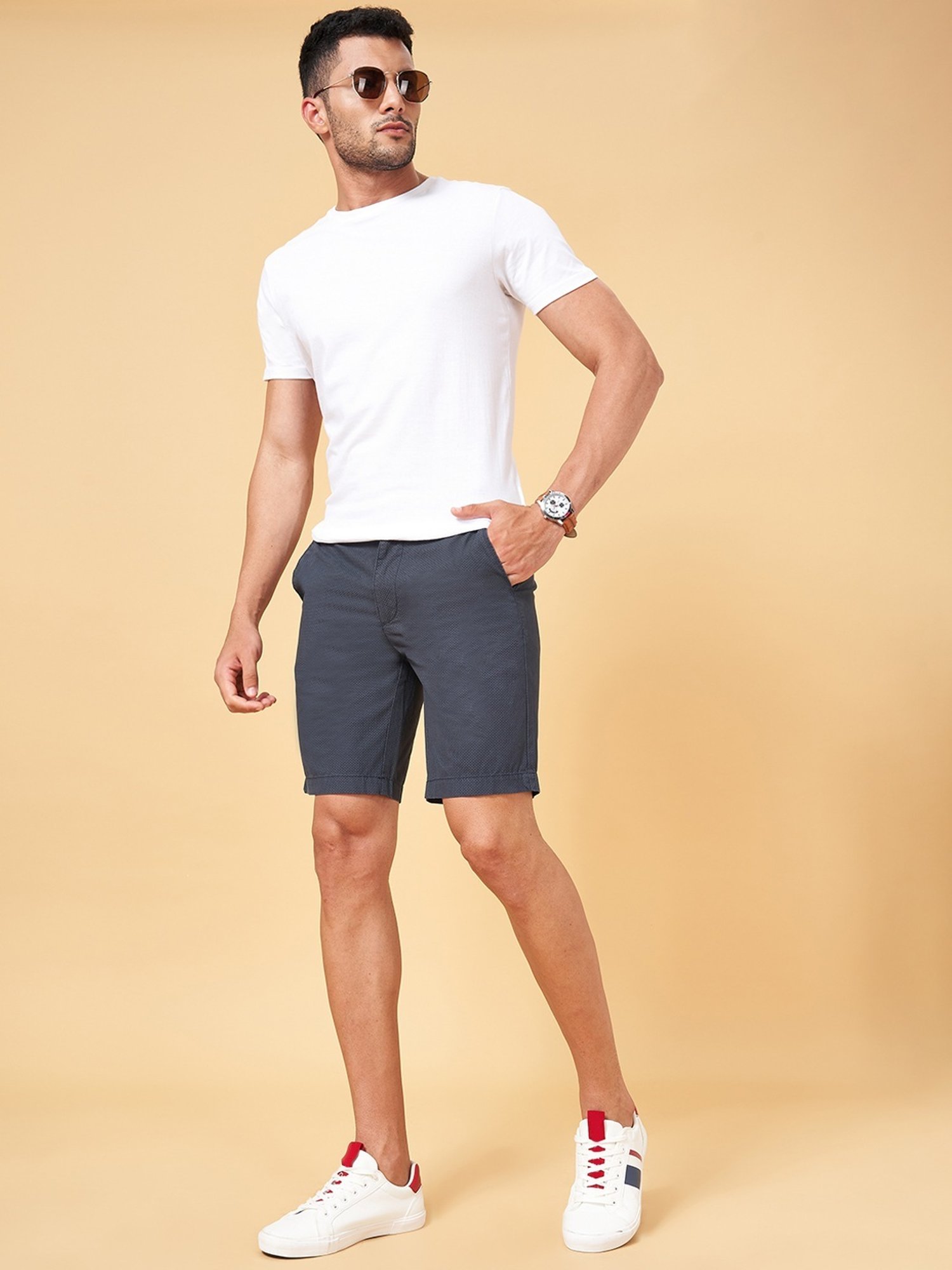 Byford by Pantaloons Navy Cotton Slim Fit Printed Shorts