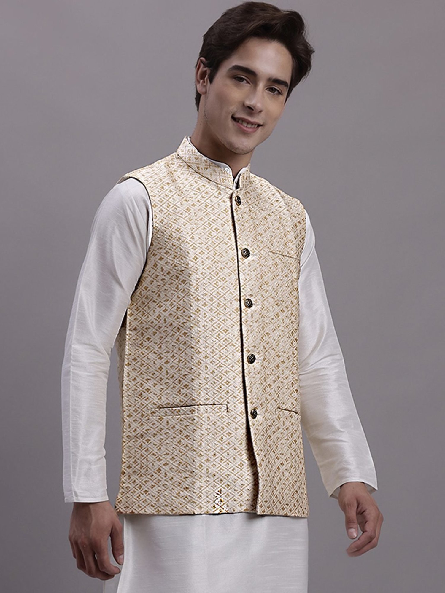 Jompers Cream Regular Fit Self Pattern Nehru Jacket