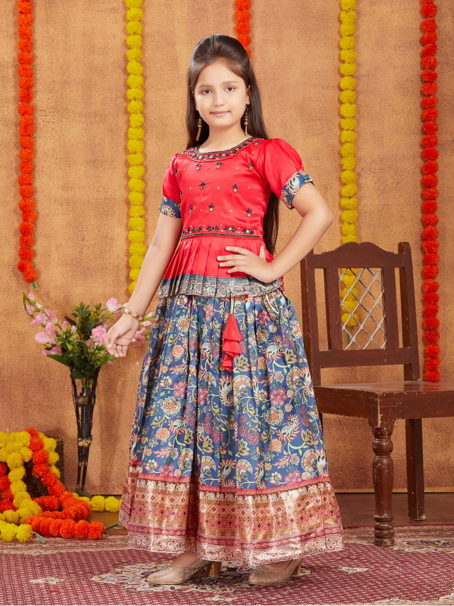 A Little Fable Kids Blue Printed Lehenga with Choli & Dupatta