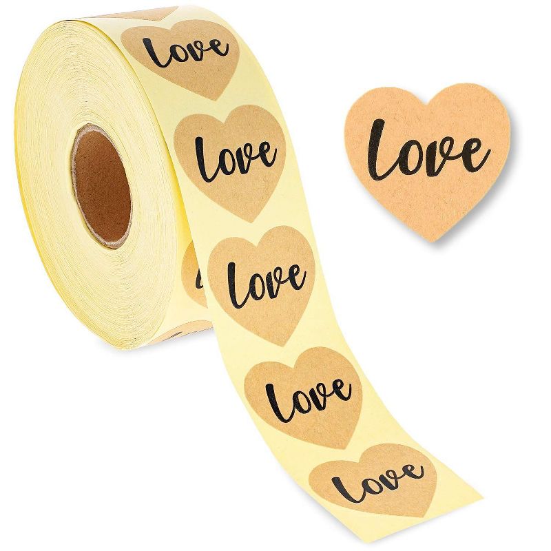 Best Paper Greetings 1000-Piece Kraft Love Heart Stickers Labels Roll 1.5-inch for Wedding Envelopes, Scrapbooking