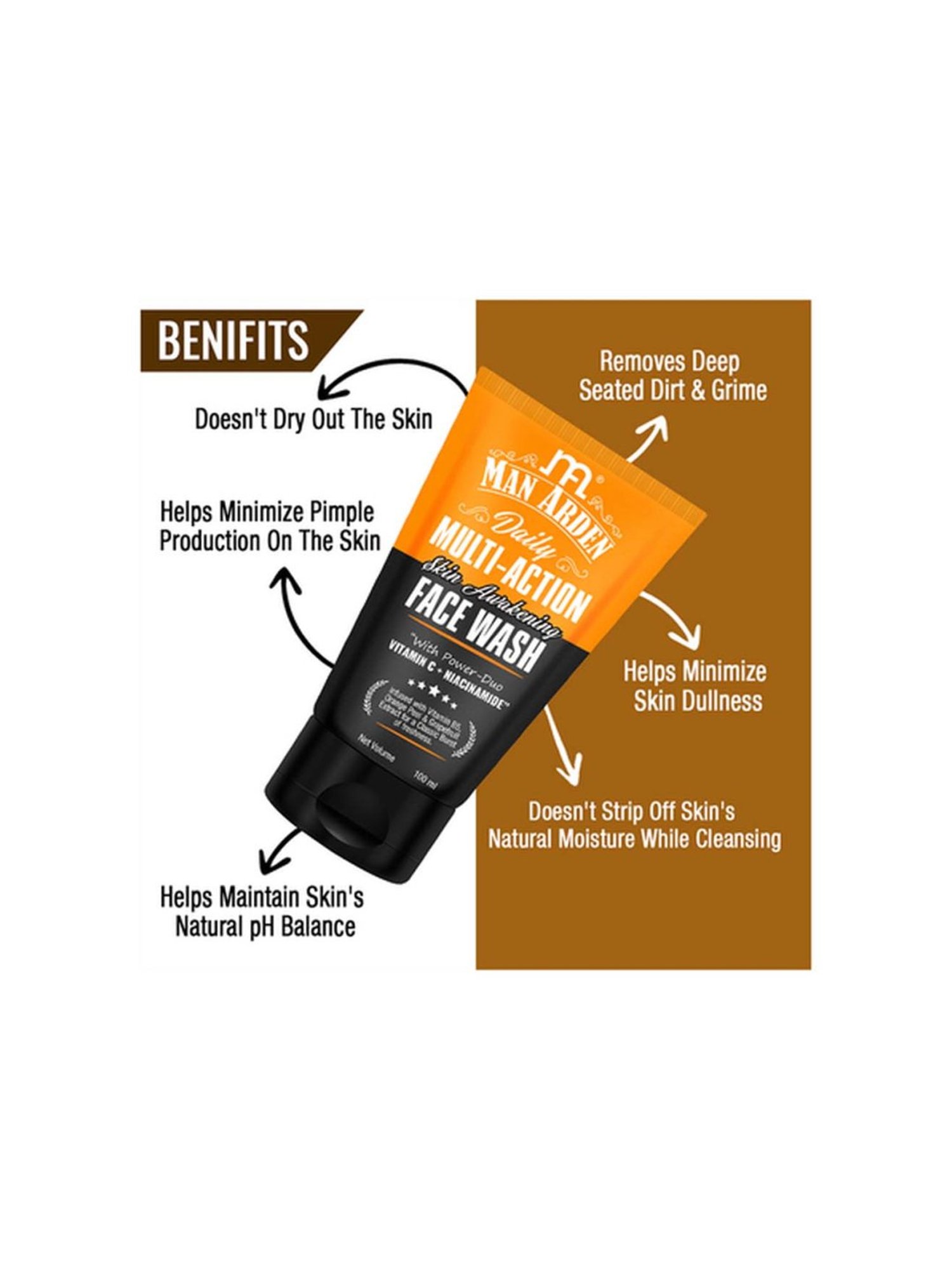Man Arden Vit C Daily Multi-Action Skin Awakening & Brightening Facewash (Vit C+ Niacinamide) 100 ML