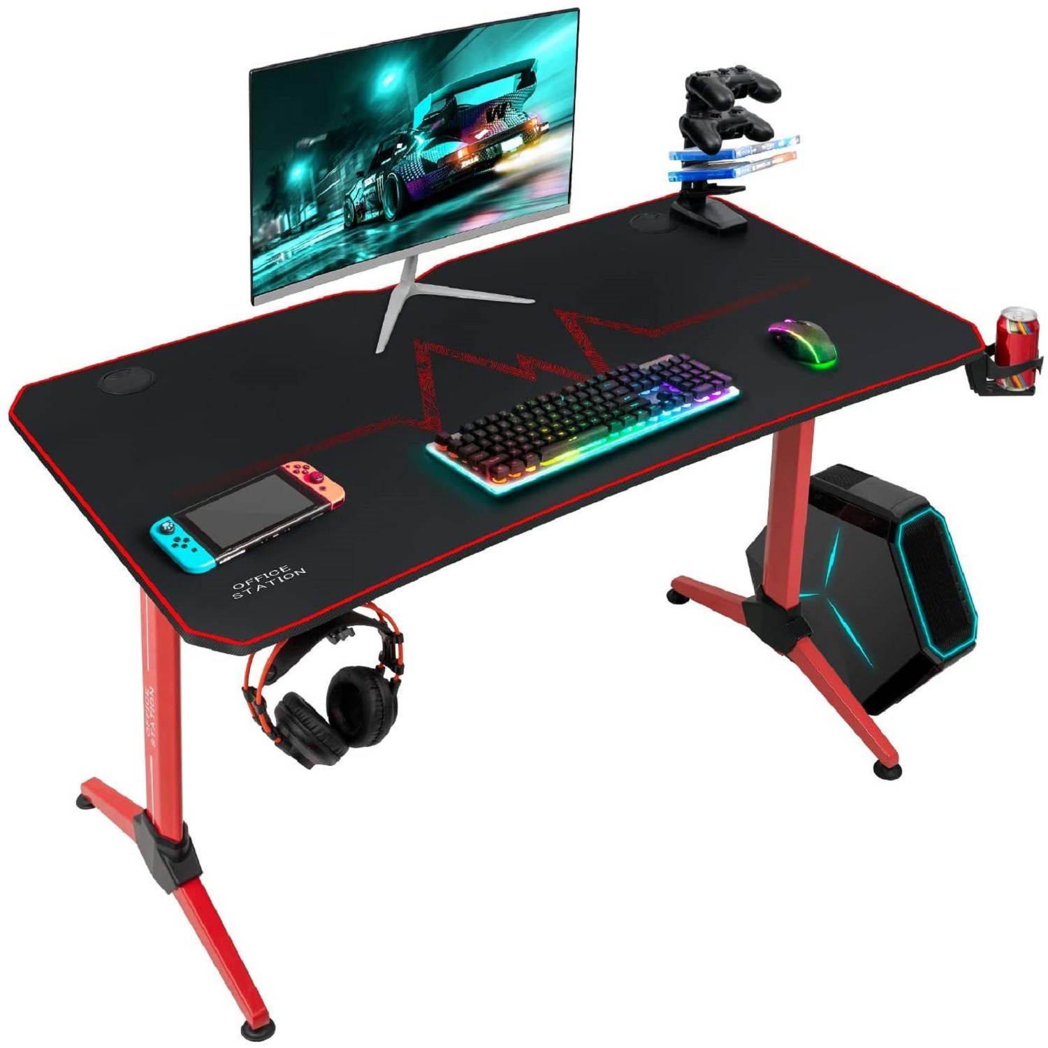 Furmax 43 Inch Gaming Desk Racing Style PC Computer Desk Y-shaped Home Office with Desk Large Carbon Fiber Desktop, Cup Holder, Headphone Hook, Full Mouse Pad, and Gaming Handle Rack (Black)