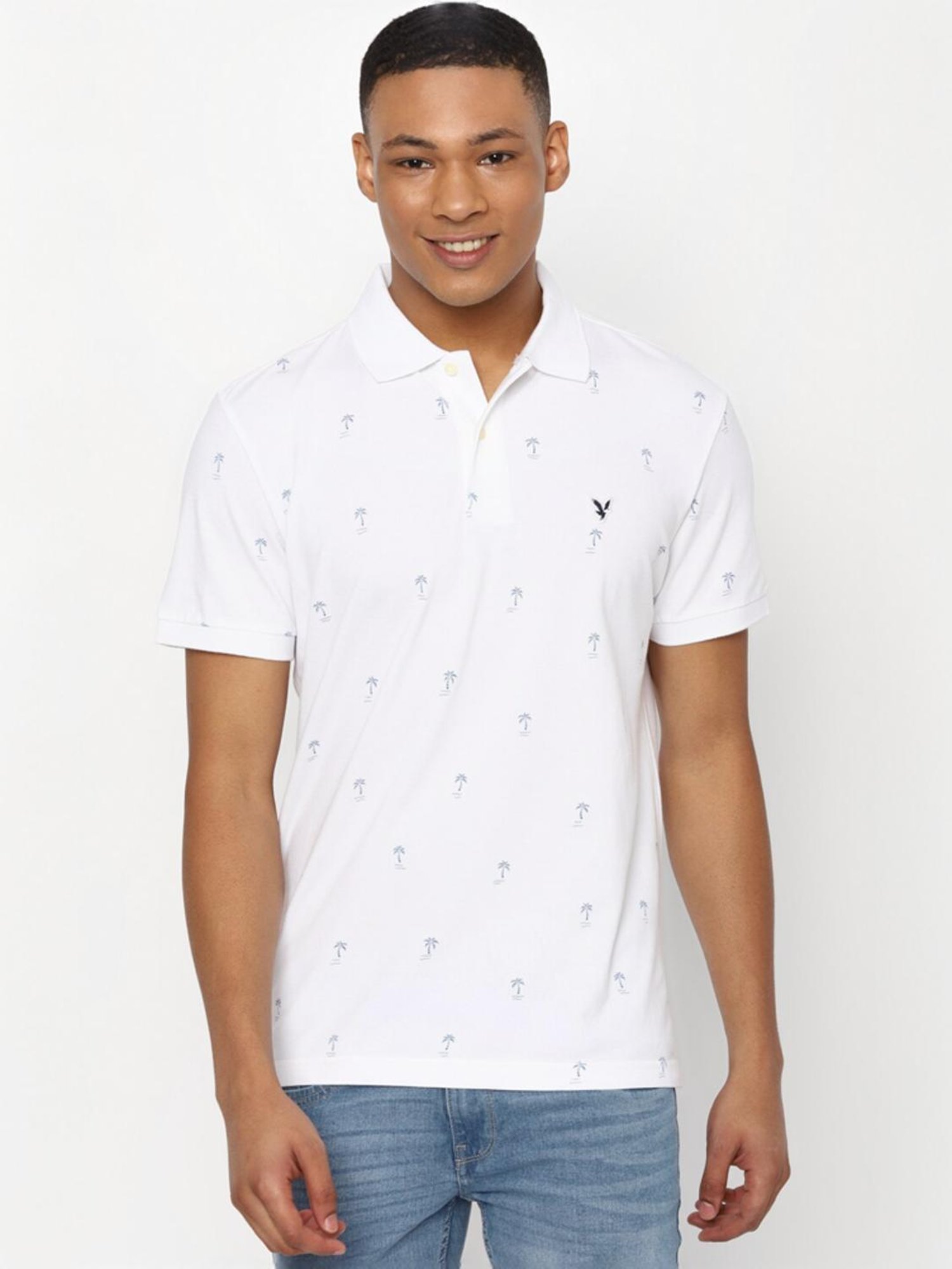 American Eagle White Cotton Skinny Fit Printed Polo T-Shirts