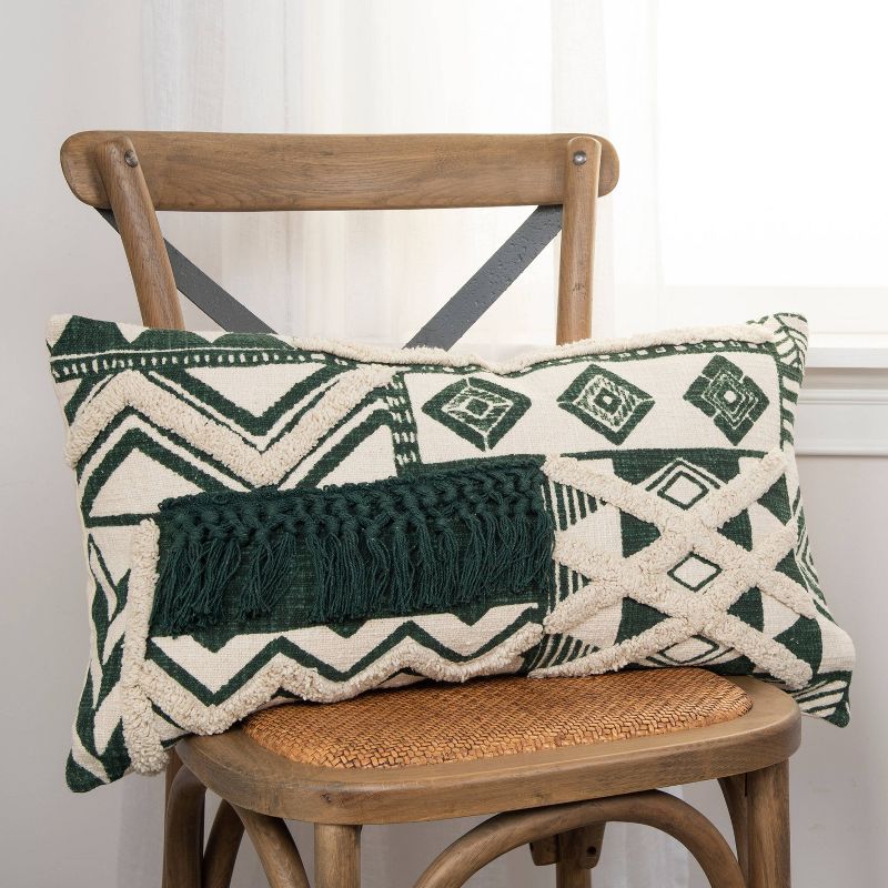 14"x26" Oversized Polyester Filled Geometric Lumbar Throw Pillow Green - Rizzy Home