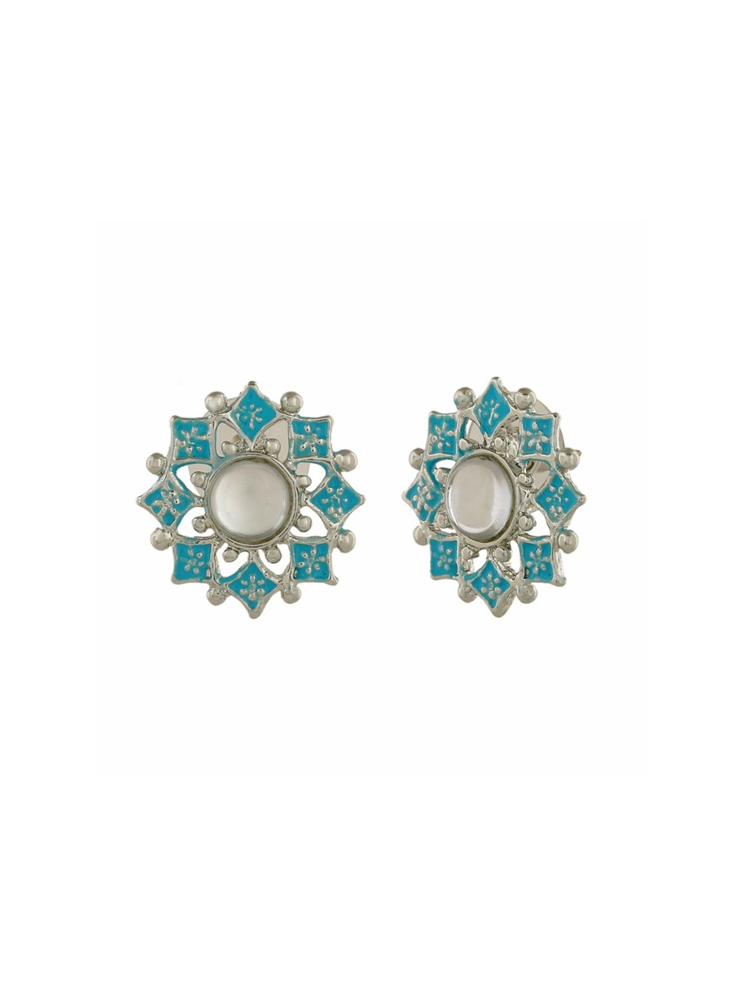 Estele Rhodium-Plated Flower Shaped Blue Meenakari Kundan Stud Earrings