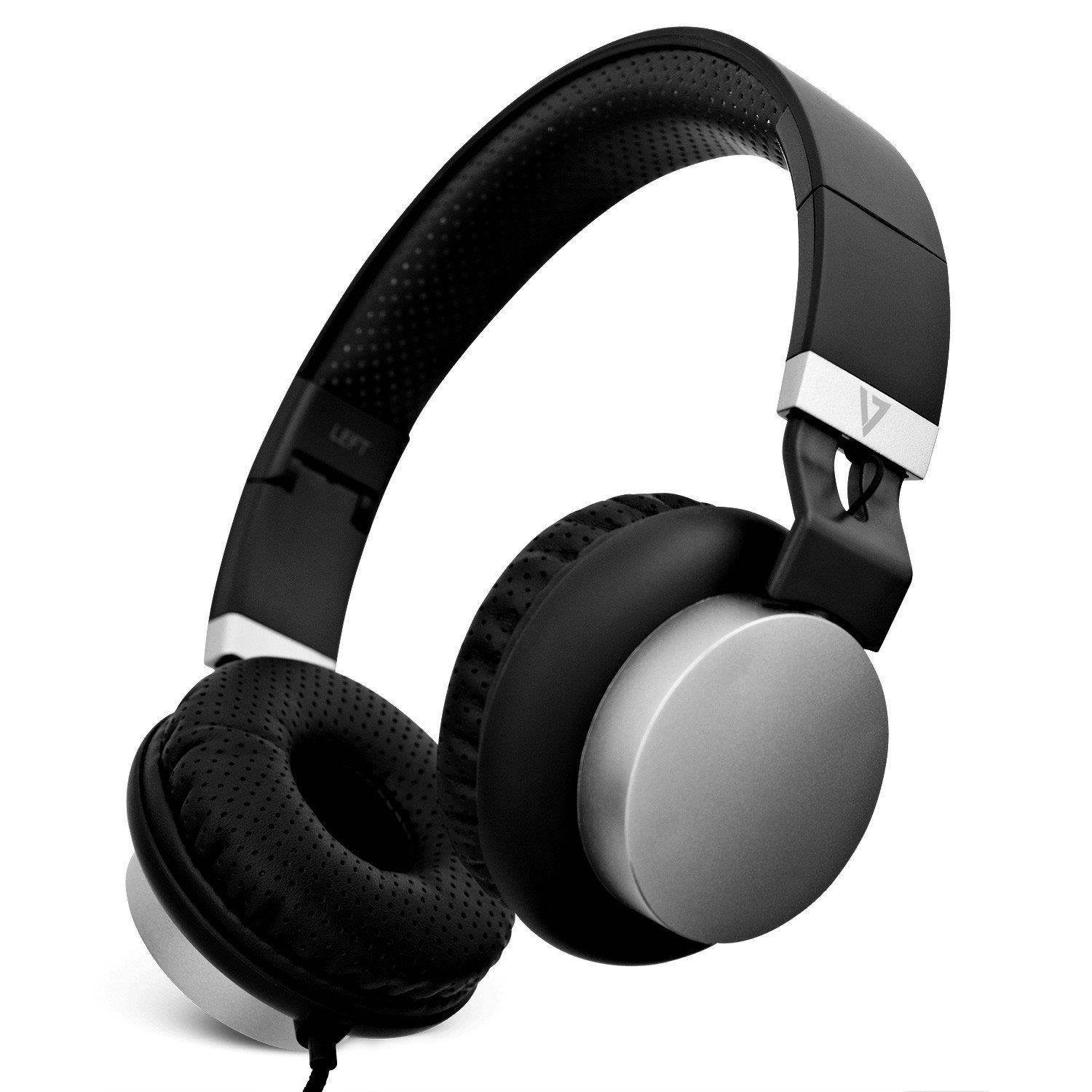 V7 Lightweight On-Ear Headphones - Black/Silver - Stereo - Black, Silver - Mini-phone - Wired - On-ear, Over-the-head - Binaural - Supra-aural - Noise Canceling