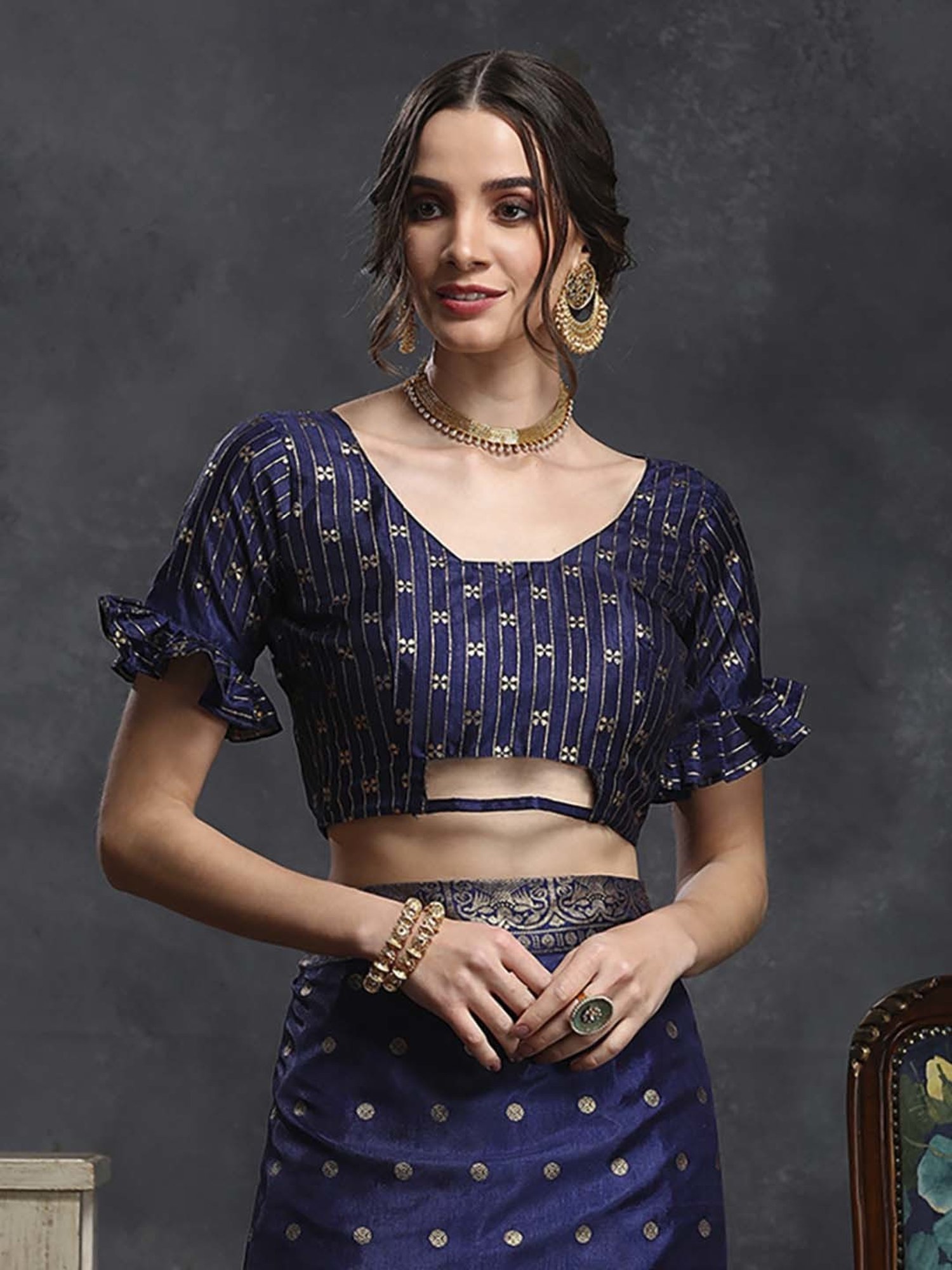 Saree Mall Navy & White Silk Printed Saree With Unstitched Blouse