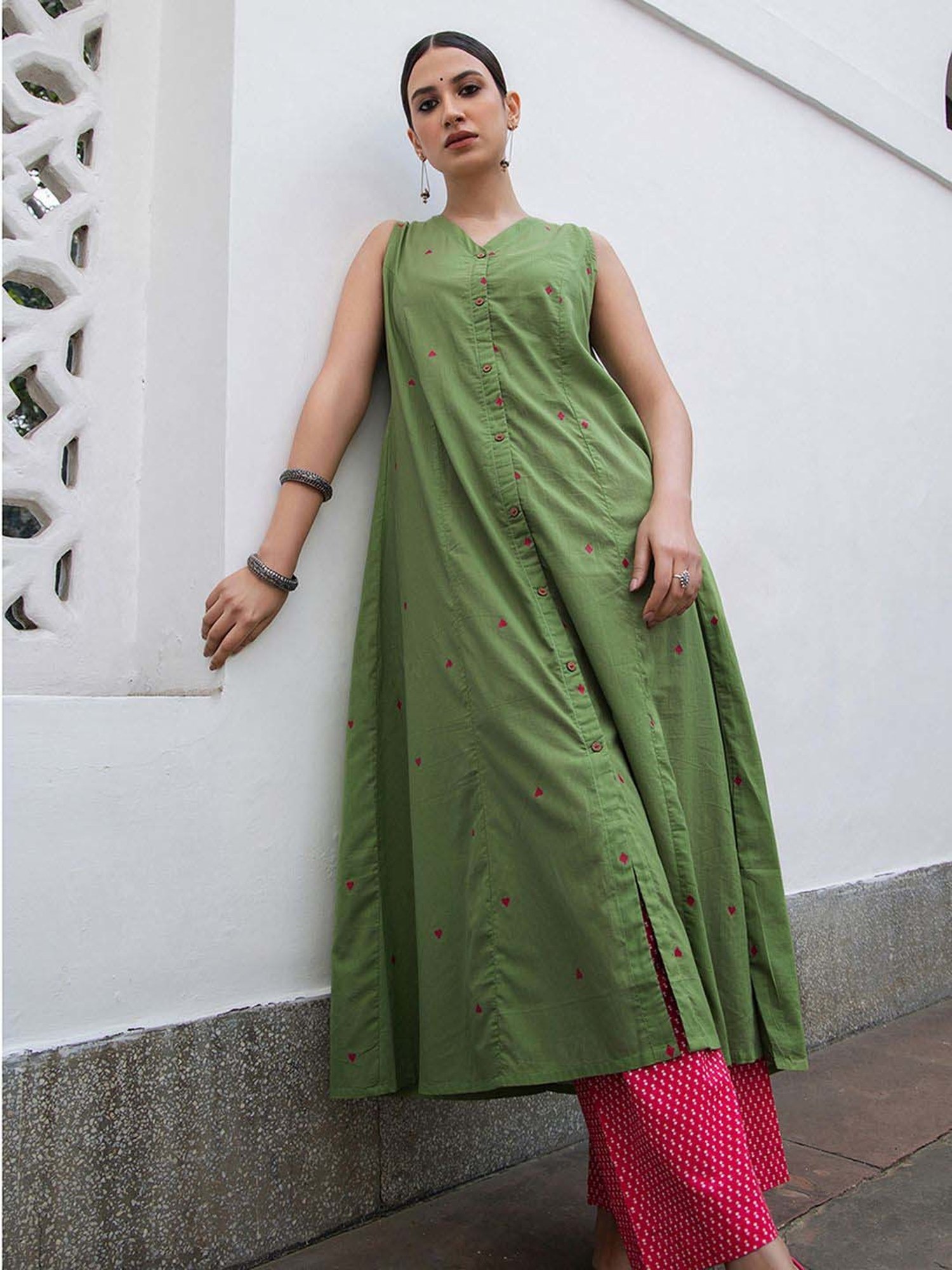 Janasya Green Cotton Plain Kurta & Pant Set