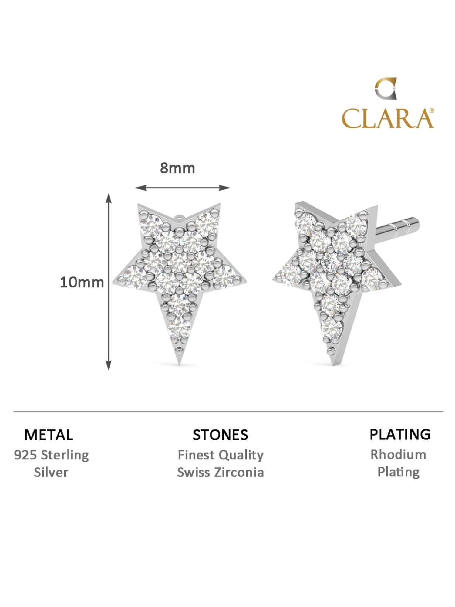 Clara 92.5 Sterling Silver Rhodium-Plated Swiss Zirconia Star Stud Earrings for Women & Girls