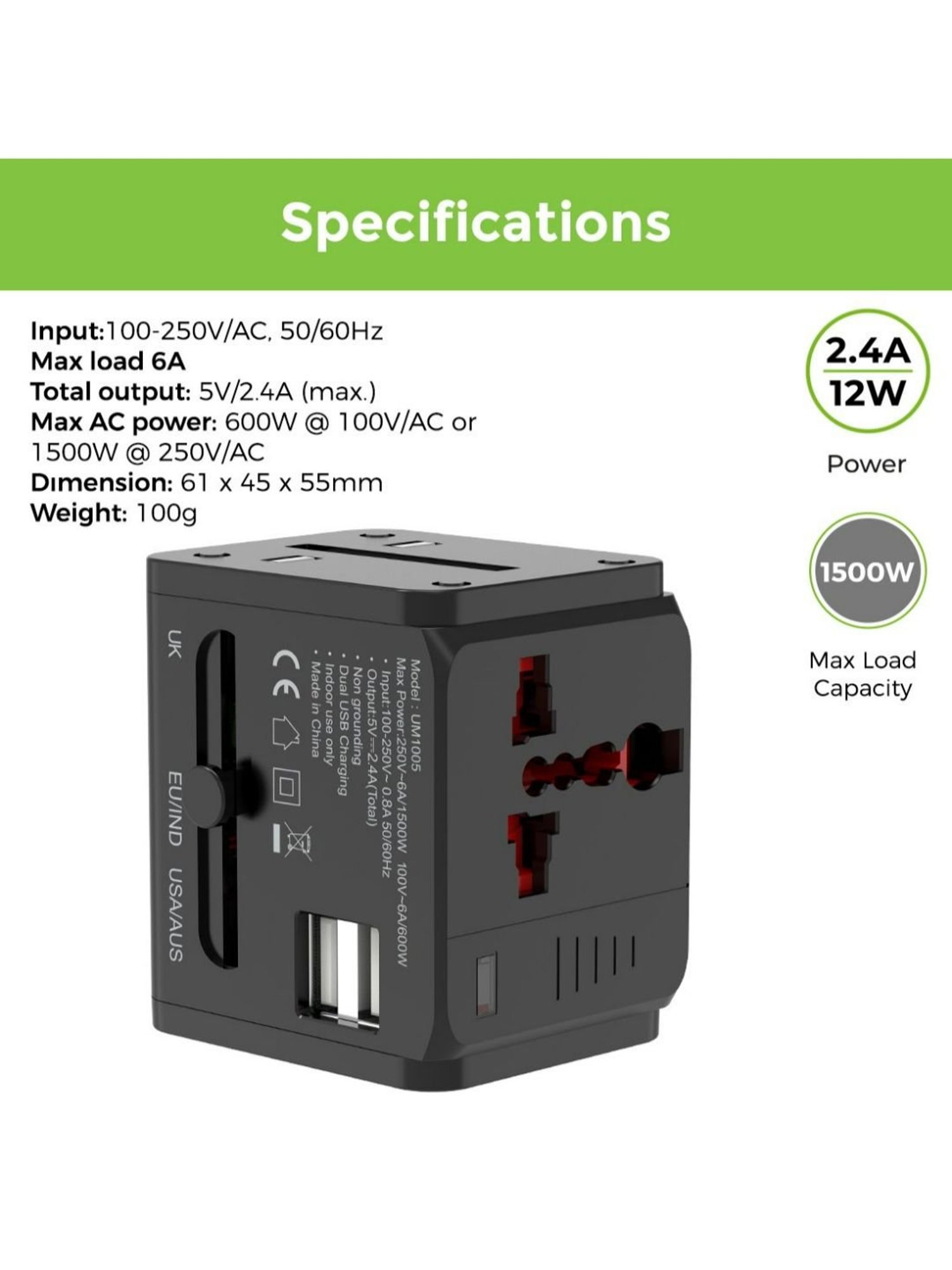 UltraProlink UM1005WTA World Travel Adapter & Converter Plug With Dual USB & Multipurpose Charger