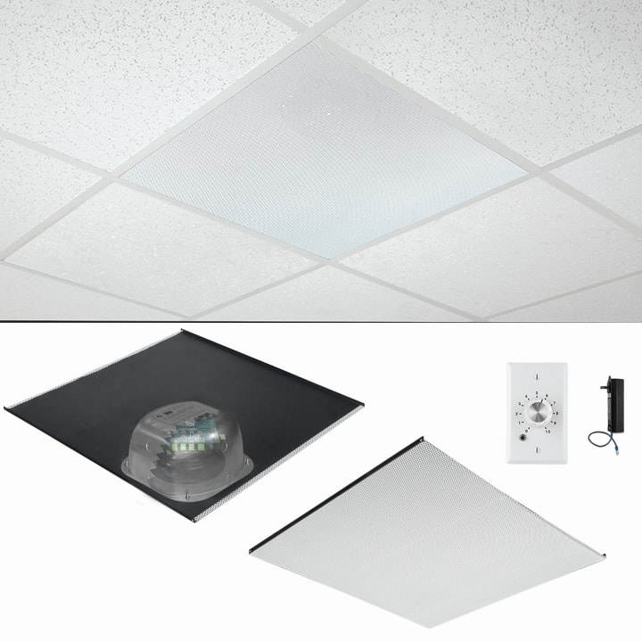 Three Source/6 inch Integratable Amplified In Ceiling Speakers on a 2x2 Vinyl Grill (Two Speaker Package with Volume Control)