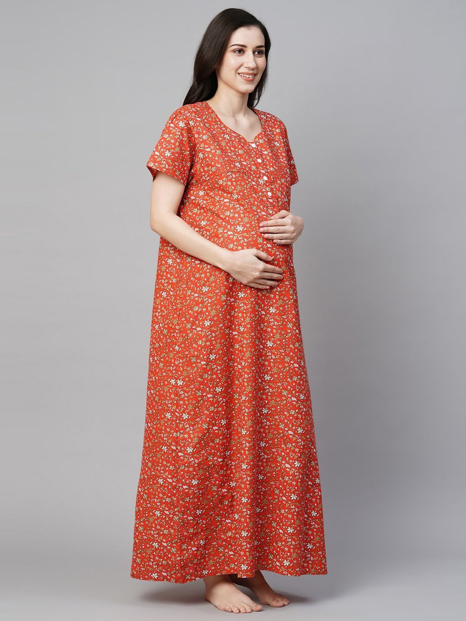 MomToBe Rust Cotton Printed Feeding Nighty