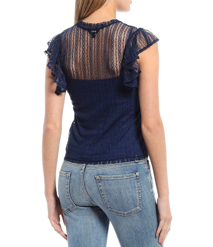 Buffalo David Bitton Everett Mock Neck Flutter Sleeve Lace Top