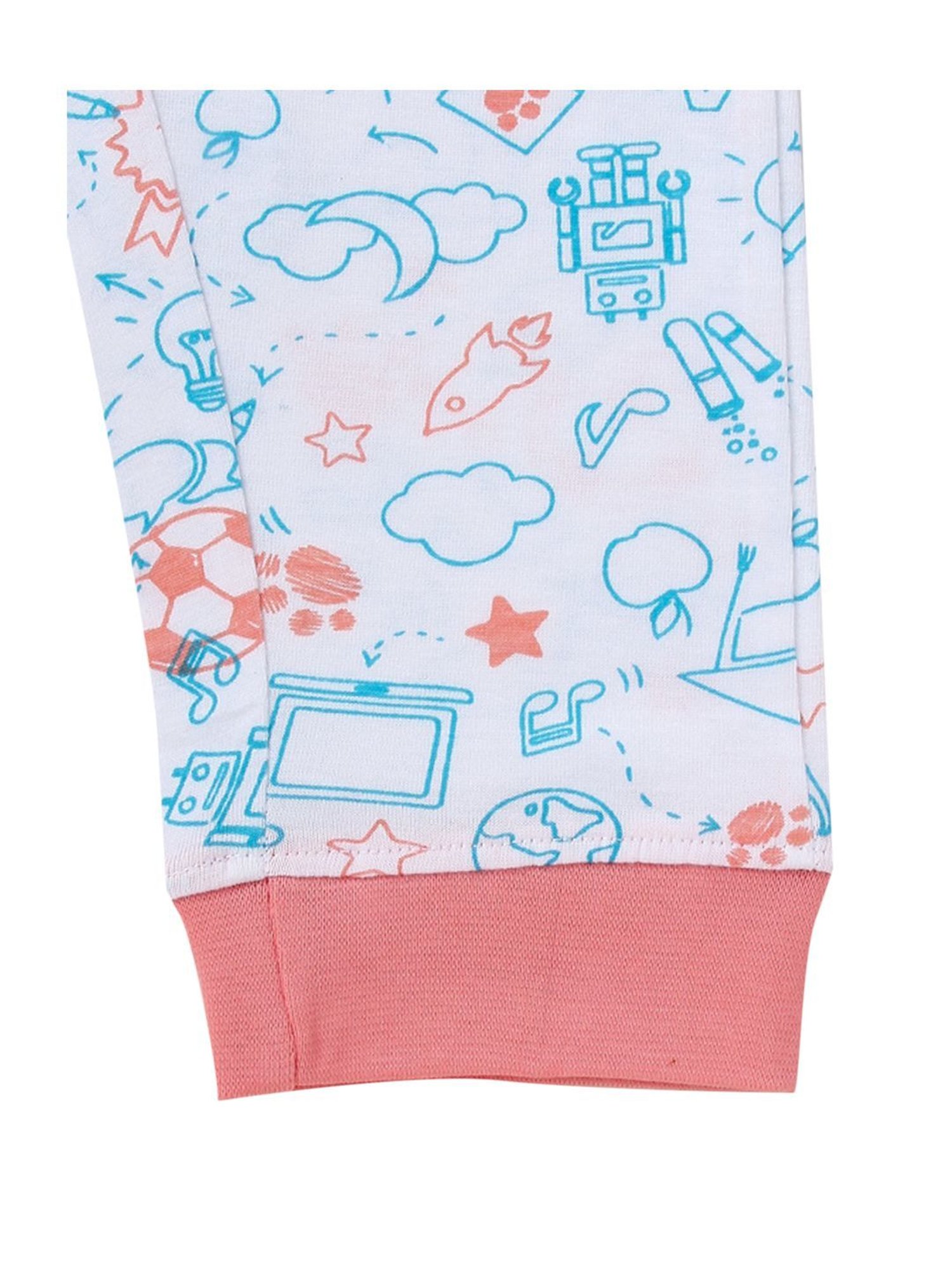 Cub McPaws Girls Off-White & Blue Cotton Printed Full Sleeves T-Shirt Set