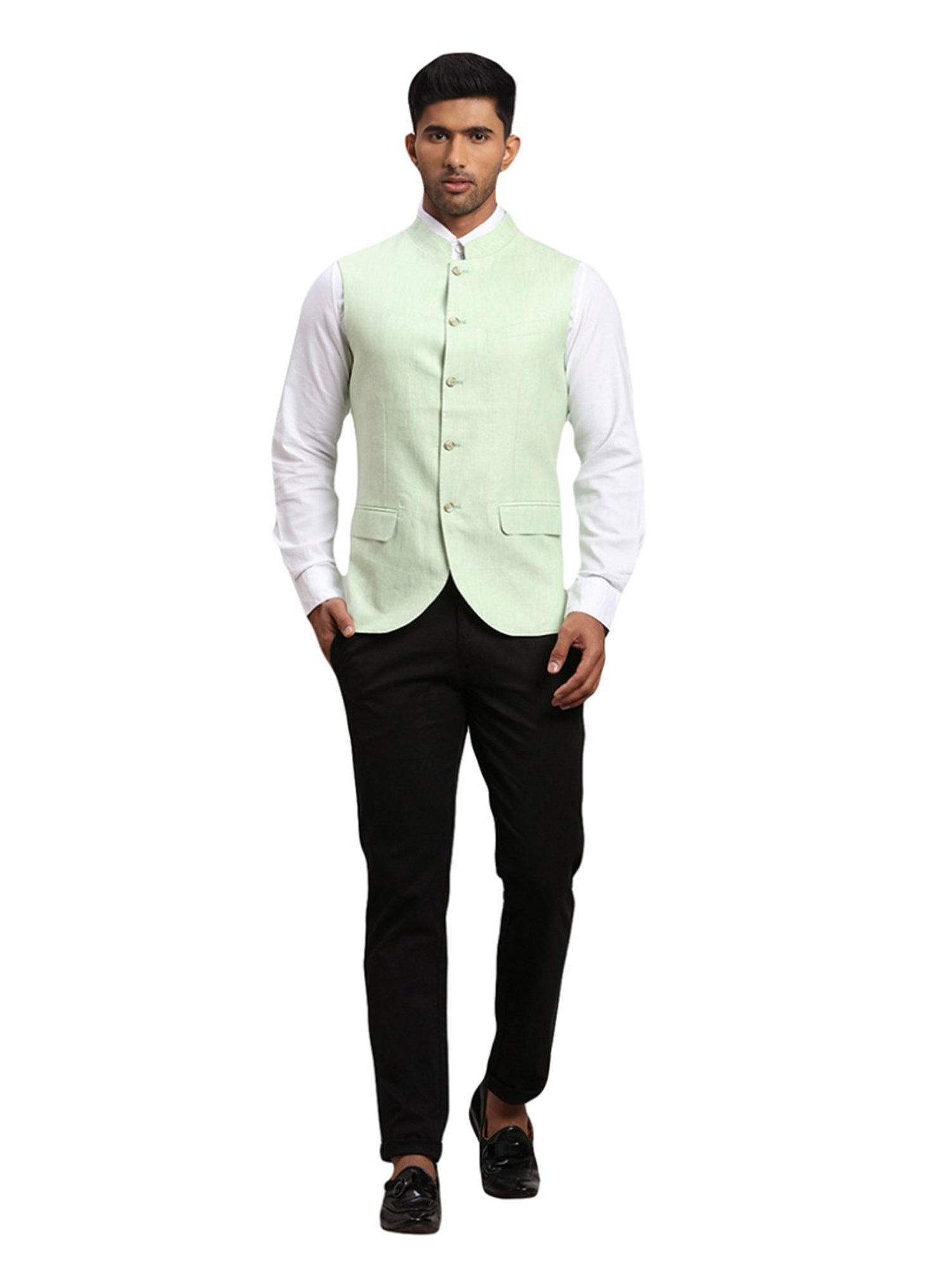 Parx Green Linen Regular Fit Nehru Jacket