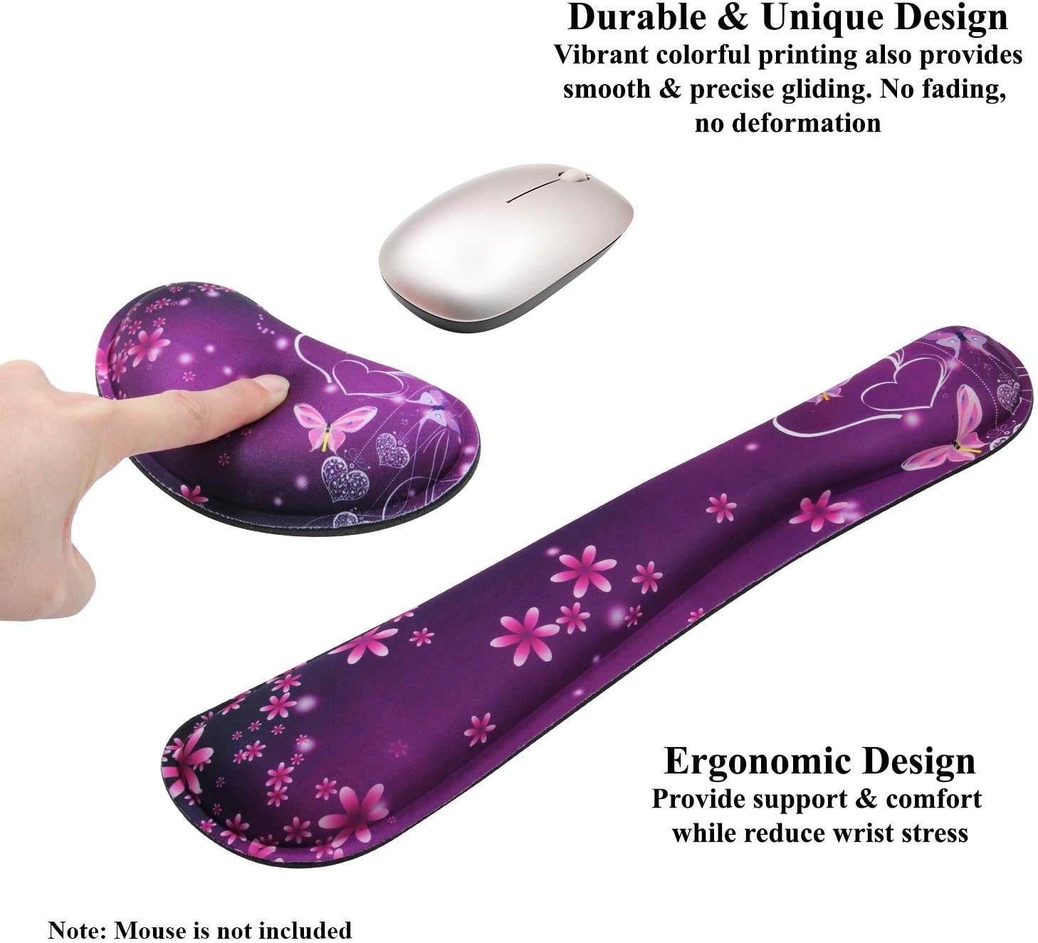 Meffort Inc Gaming Keyboard Wrist Pad & Mouse Wrist Rest Cushion Support Combo Set &ndash; Durable Ergonomic Anti Slip Non-Slip Base - Purple Heart Butterfly