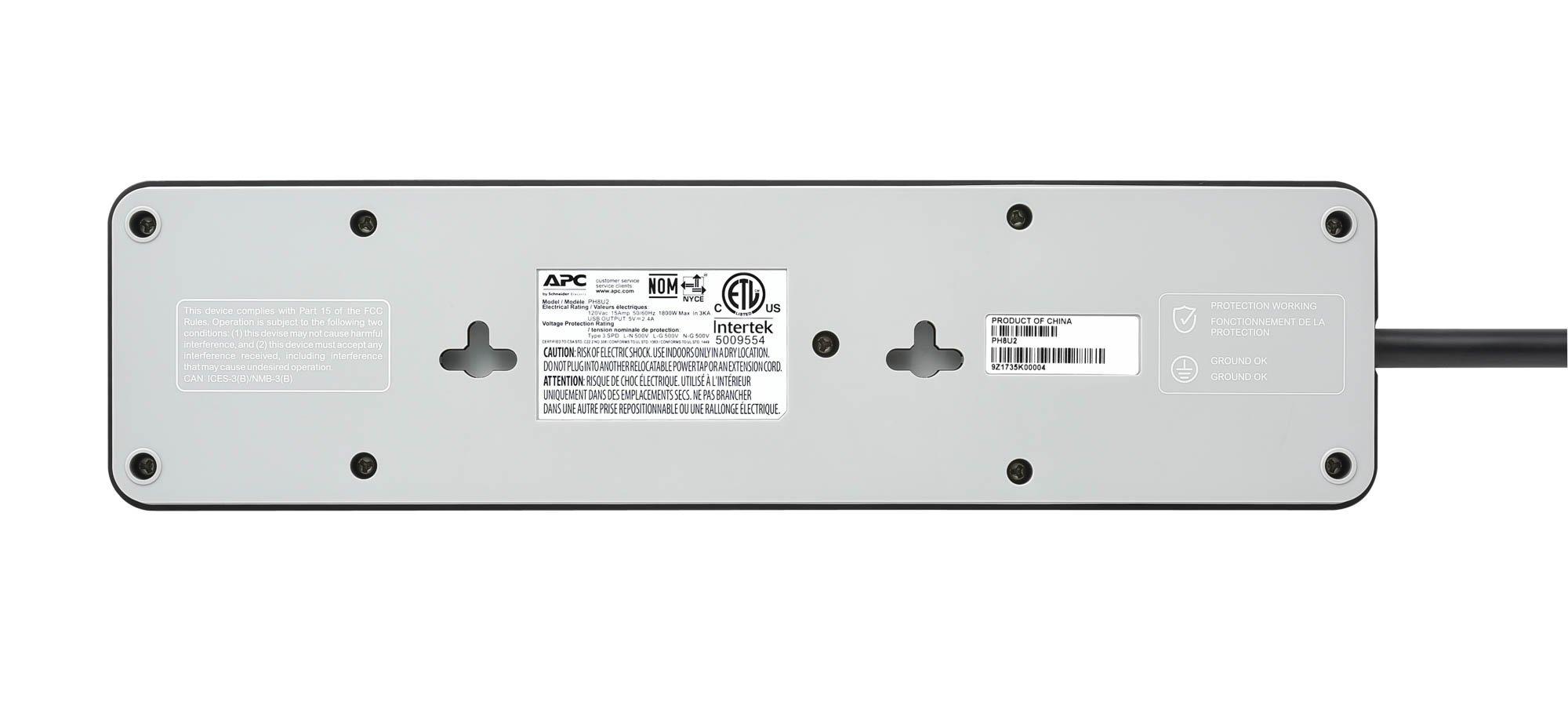 APC 8-Outlet Surge Protector Power Strip with USB Charging Ports, 2160 Joules, SurgeArrest Home/Office (PH8U2), Black