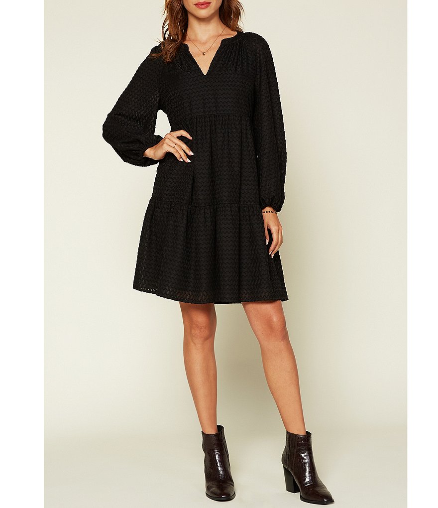 Skies Are Blue Jacquard Woven Notch Neck Long Sleeve Tiered Dress